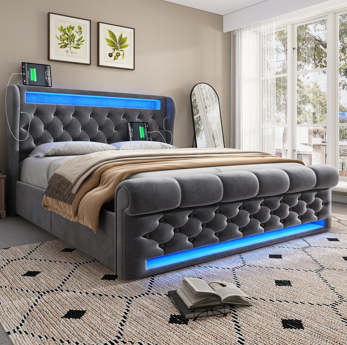 BETT mit LED, Stauraum und Matratze 140x200 cm Samt Grau - Grau, Metall (140/200cm) - Meubliv