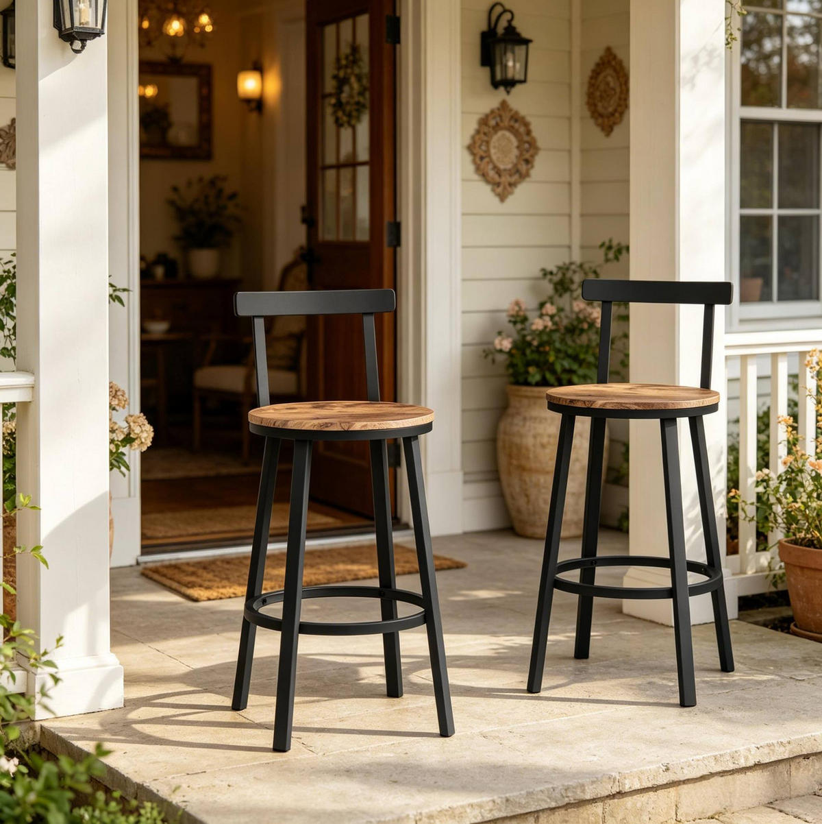 BARHOCKER 2er-Set mit Rückenlehne 65 cm Rustikbraun - Braun, Metall (51.5/89/51.5cm) - Meubliv
