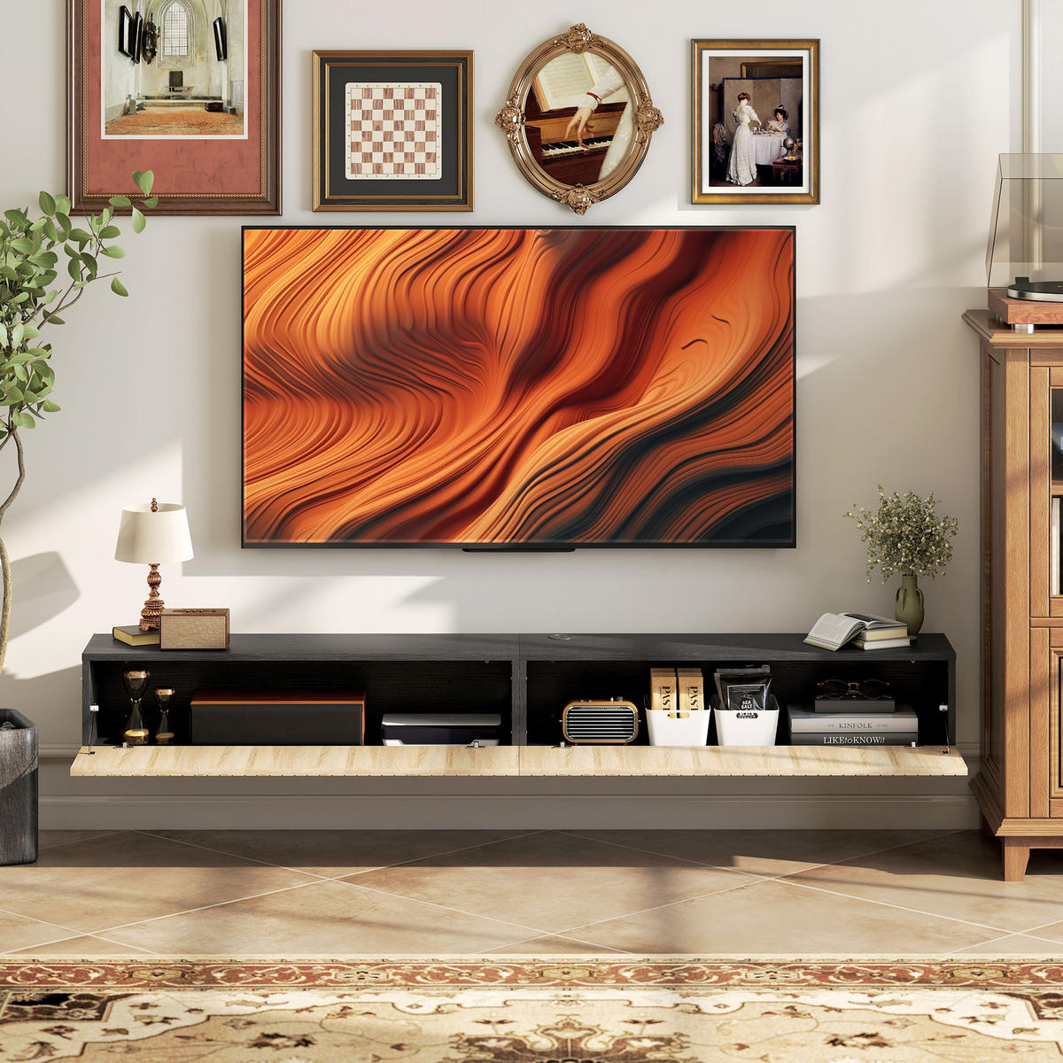 TV-BOARD Naturfarben/Schwarz 140/25/22 cm, Wandmontage, 2 Klappen, Grifflos - Naturfarben, Holzwerkstoff (140/22/25cm) - PANGIVO