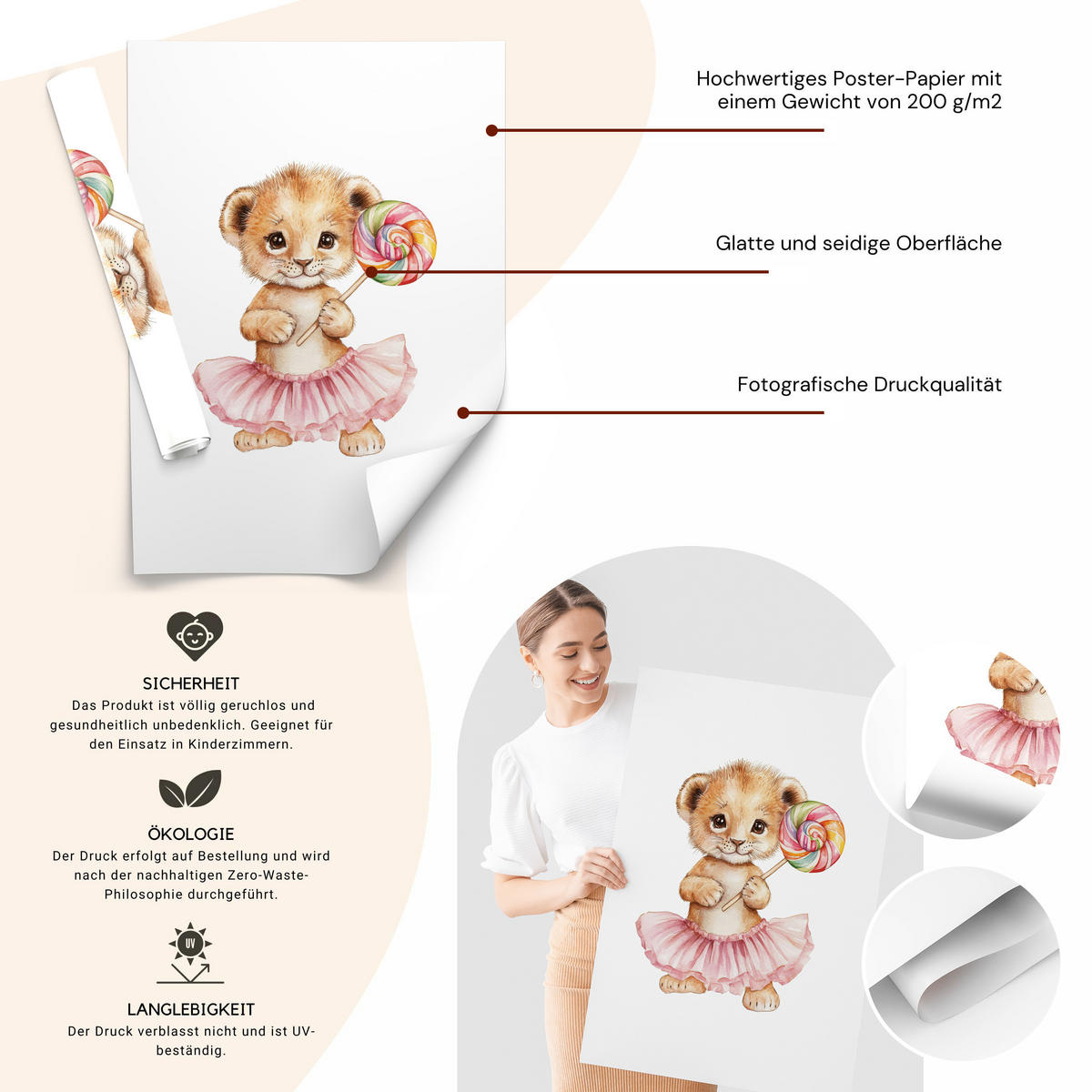 POSTER SET ohne Rahmen für Kinder TIERE mit Lutschern 3x Poster A3 30x42cm - Gelb/Beige, Papier (30/42/1cm) - Muralo