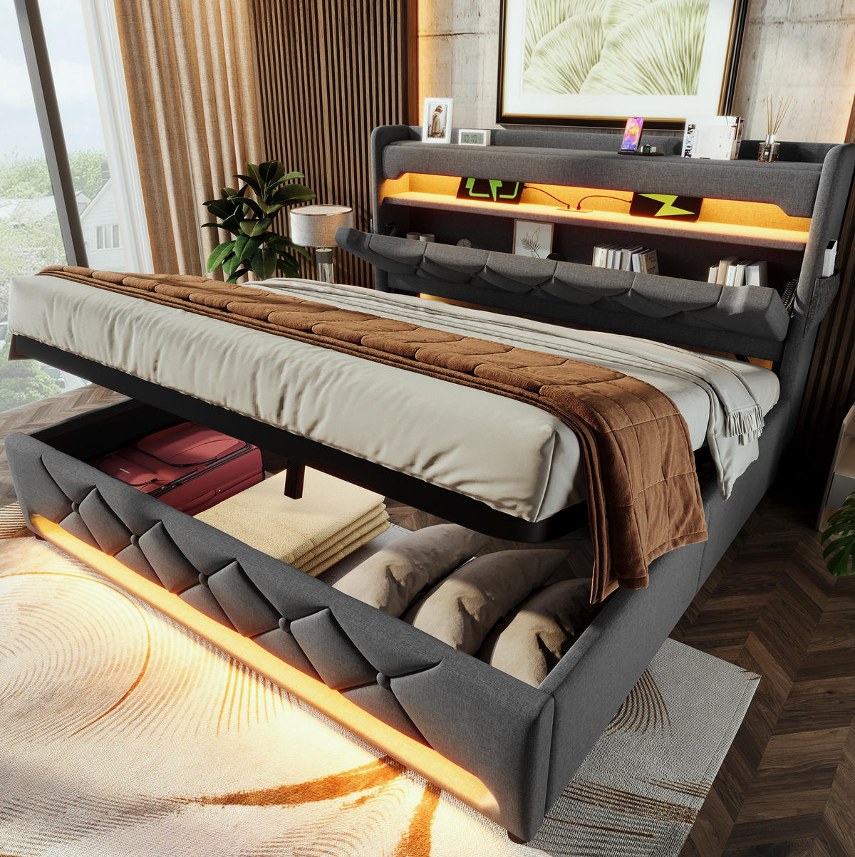 BETT mit LED und Stauraum 180x200 cm Leinen Grau - Grau, Metall (180/200cm) - Meubliv
