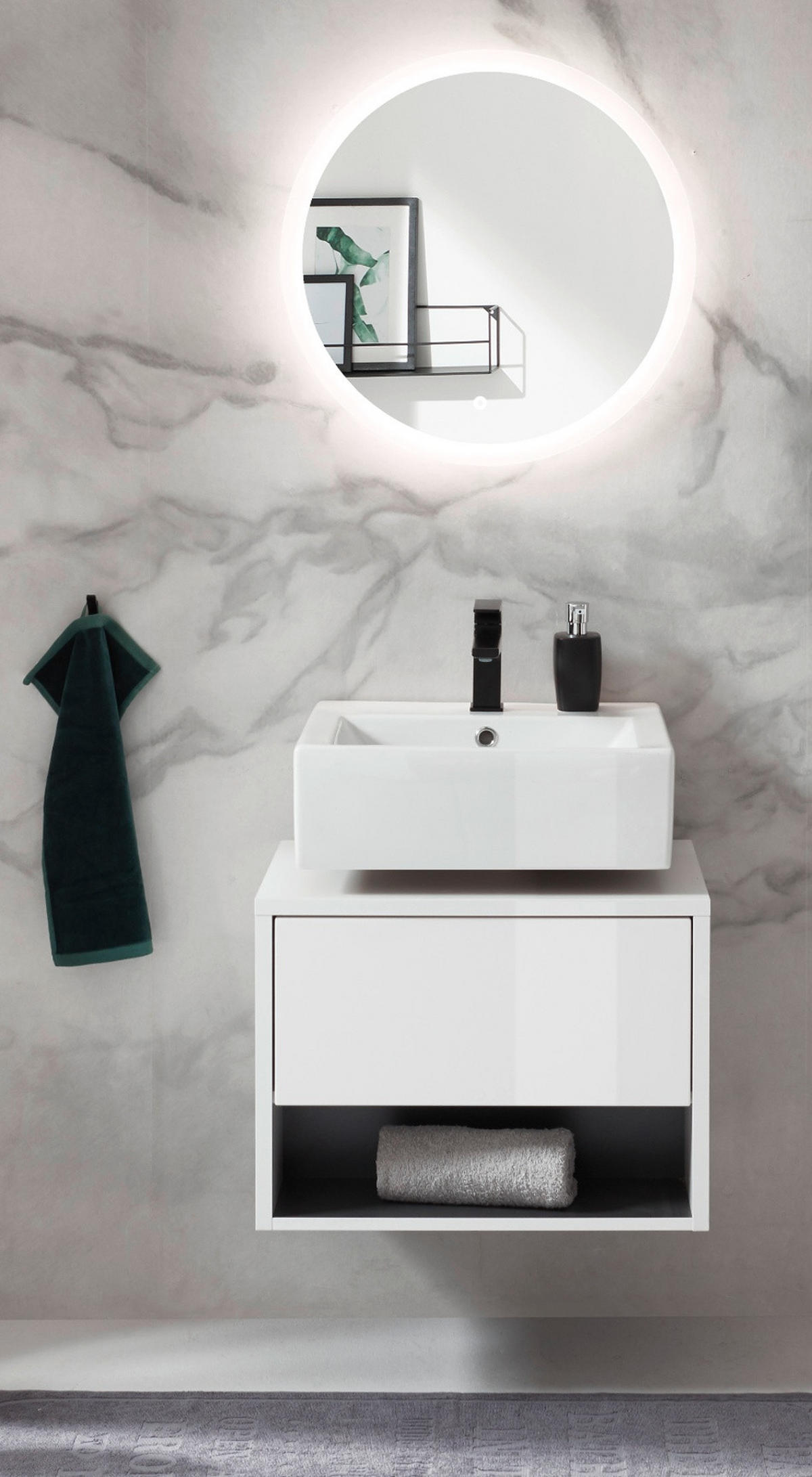 BADMÖBEL Set 2-teilig in weiß Hochglanz und grau mit LED Beleuchtung 60 x 190 cm Glide - Weiß Hochglanz/Grau, Glas/Holzwerkstoff (60/190/46cm) - Furn.Design