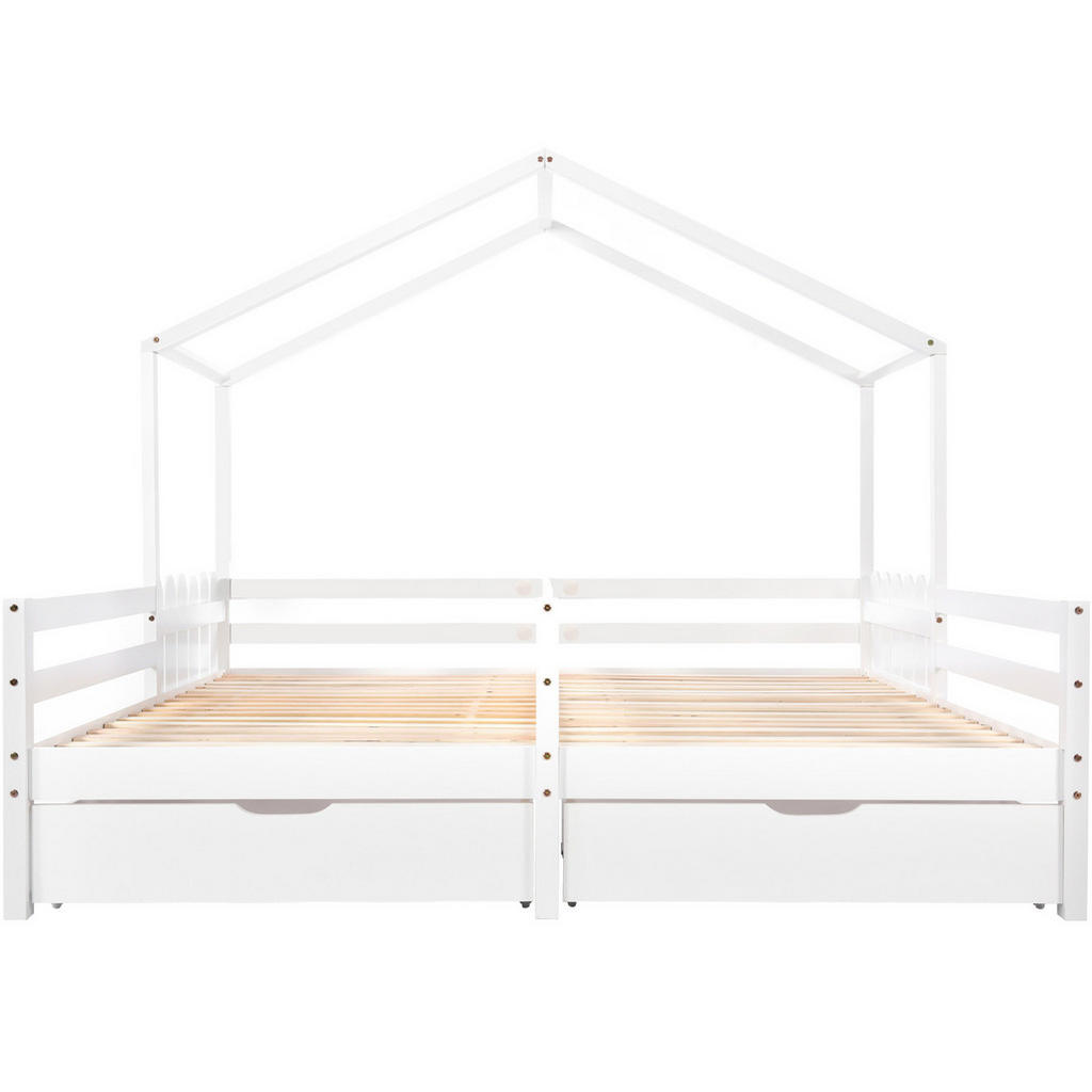 OKWISH DĚTSKÁ postel domeček 2x90/200 cm bílá z masivu se zábranou a 2 zásuvkami