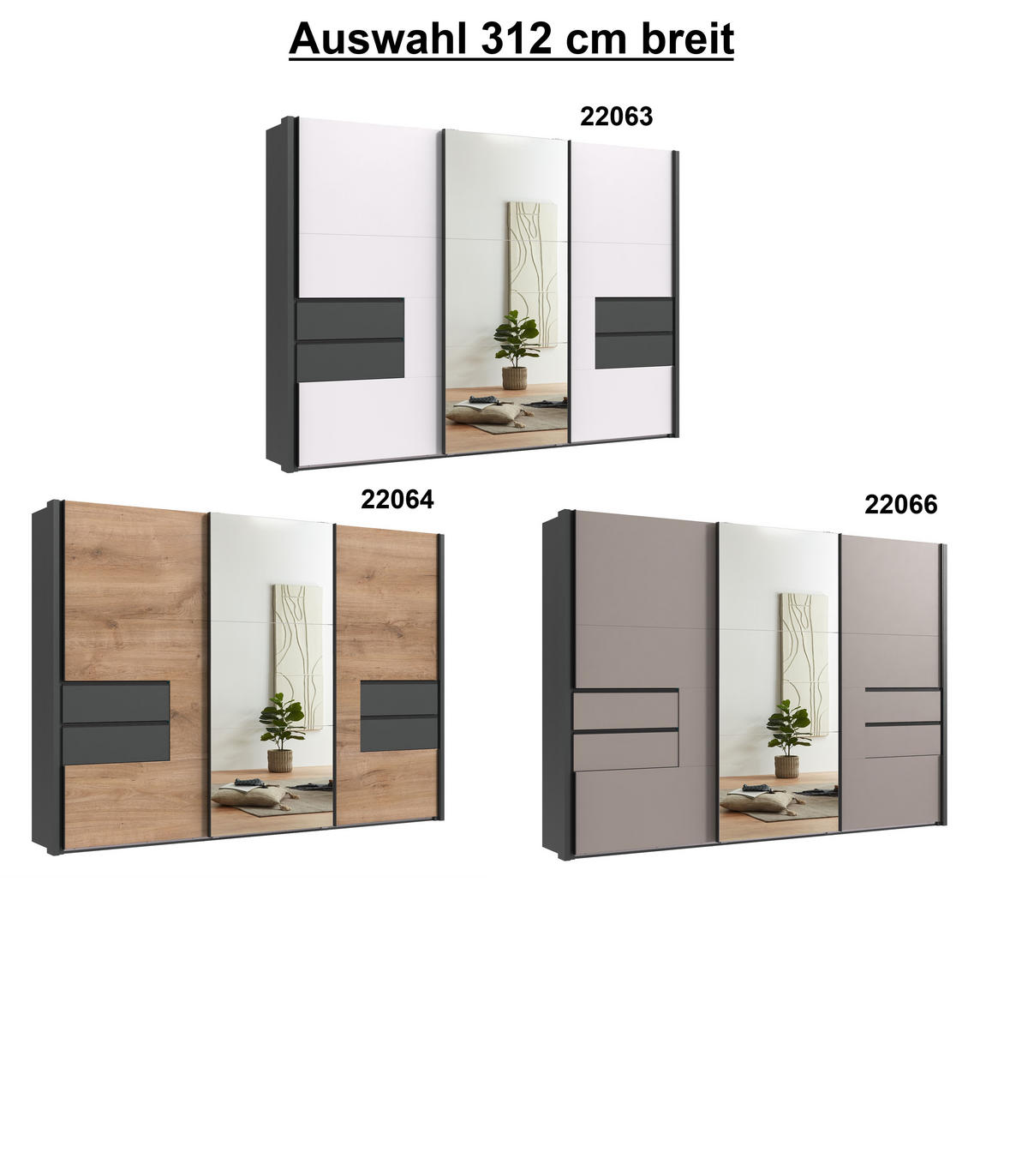 SCHWEBETÜRENSCHRANK B312/H216/T65 cm, Korpus+ Passepartout+Schubladen Grafit, Türen in Eiche Dekor / Spiegel, inkl. Vollausstattung / 22064 - Eichefarben/Bordeaux, Holzwerkstoff/Metall (312/216/65cm) - luma-home