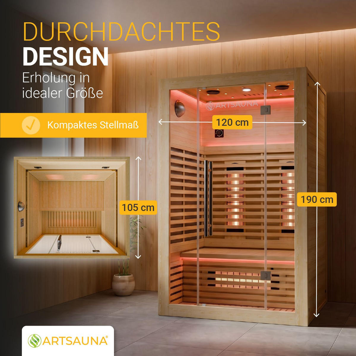 INFRAROTKABINE Trondheim120 natur mit Dual-Technologie & Hemlockholz - Naturfarben, Holz (105/190/120cm) - Artsauna