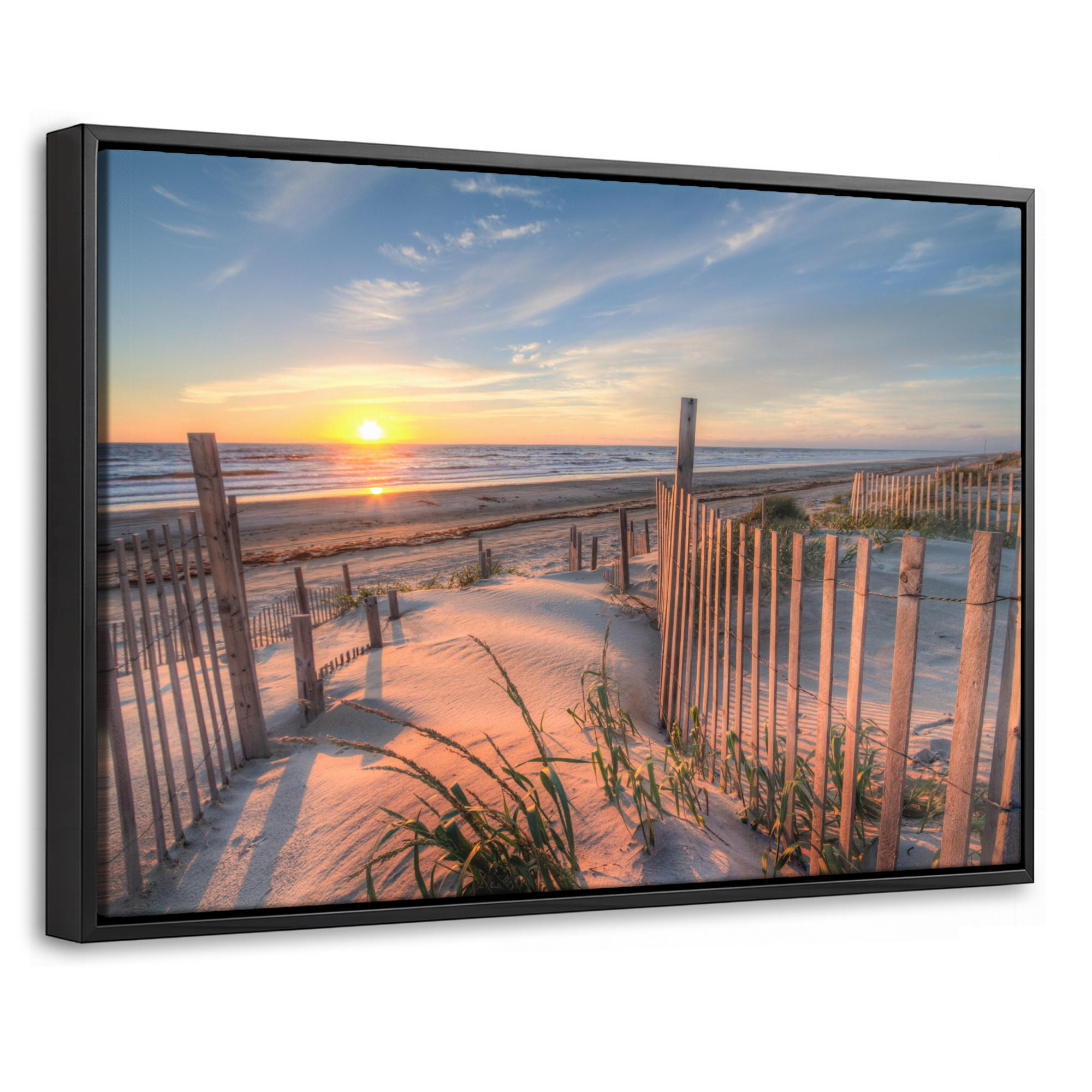 LEINWAND Bilder mit Rahmen - Strand - Meer - Düne - Sonnenuntergang - Landschaft - 60x40 - Beige, Textil (60/40cm) - MuchoWow