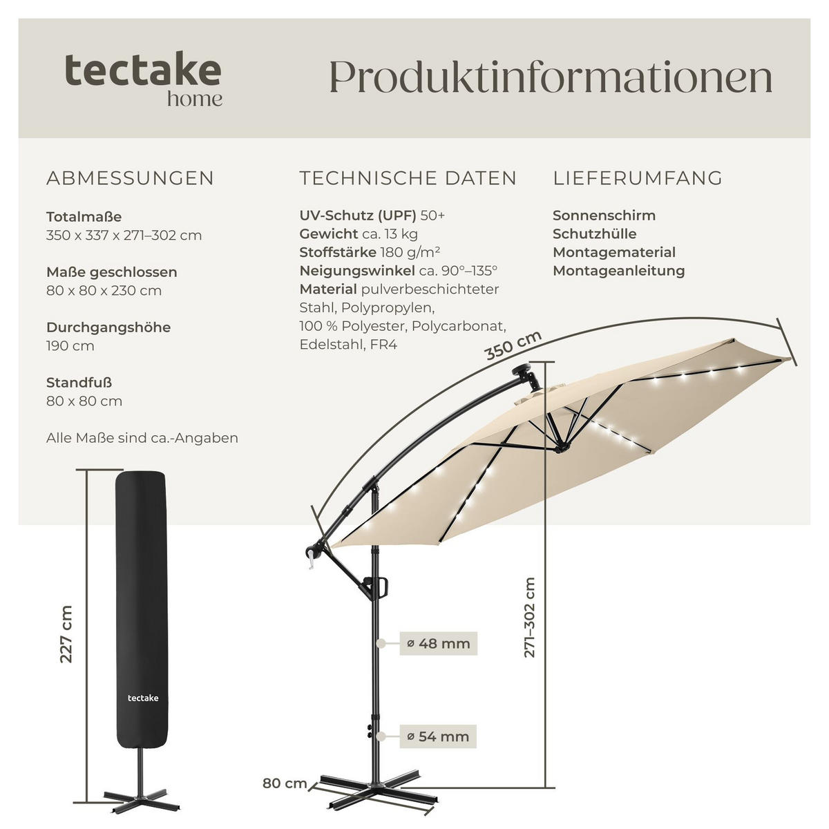 AMPELSCHIRM Artemis, mit LED Solar-Beleuchtung, inkl. Schutzhülle, beige - Beige, Metall (350/337cm) - tectake