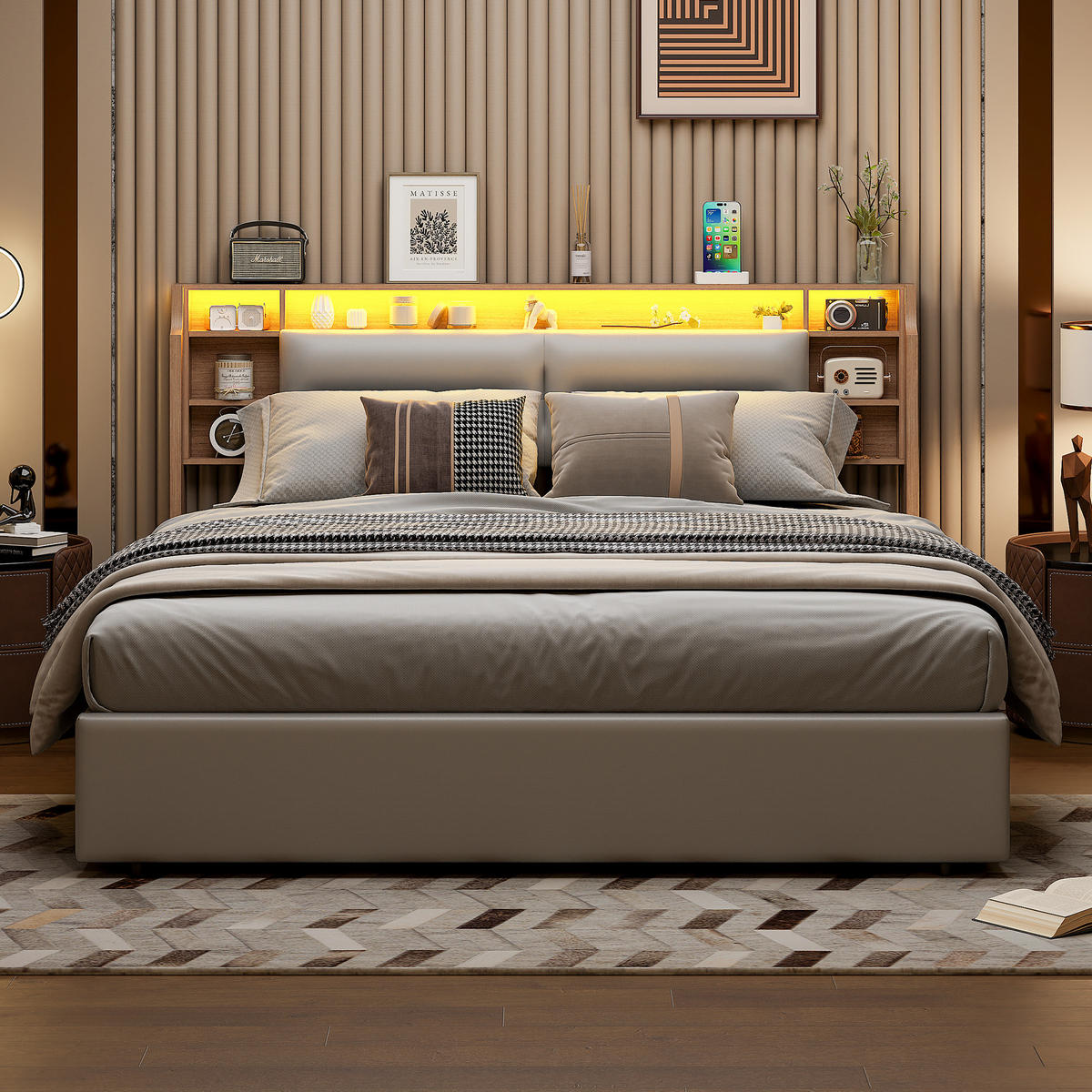 POLSTERBETT 140x200 cm, Weiß, LED-Beleuchtung - Weiß, Textil/Metall (140/200cm)