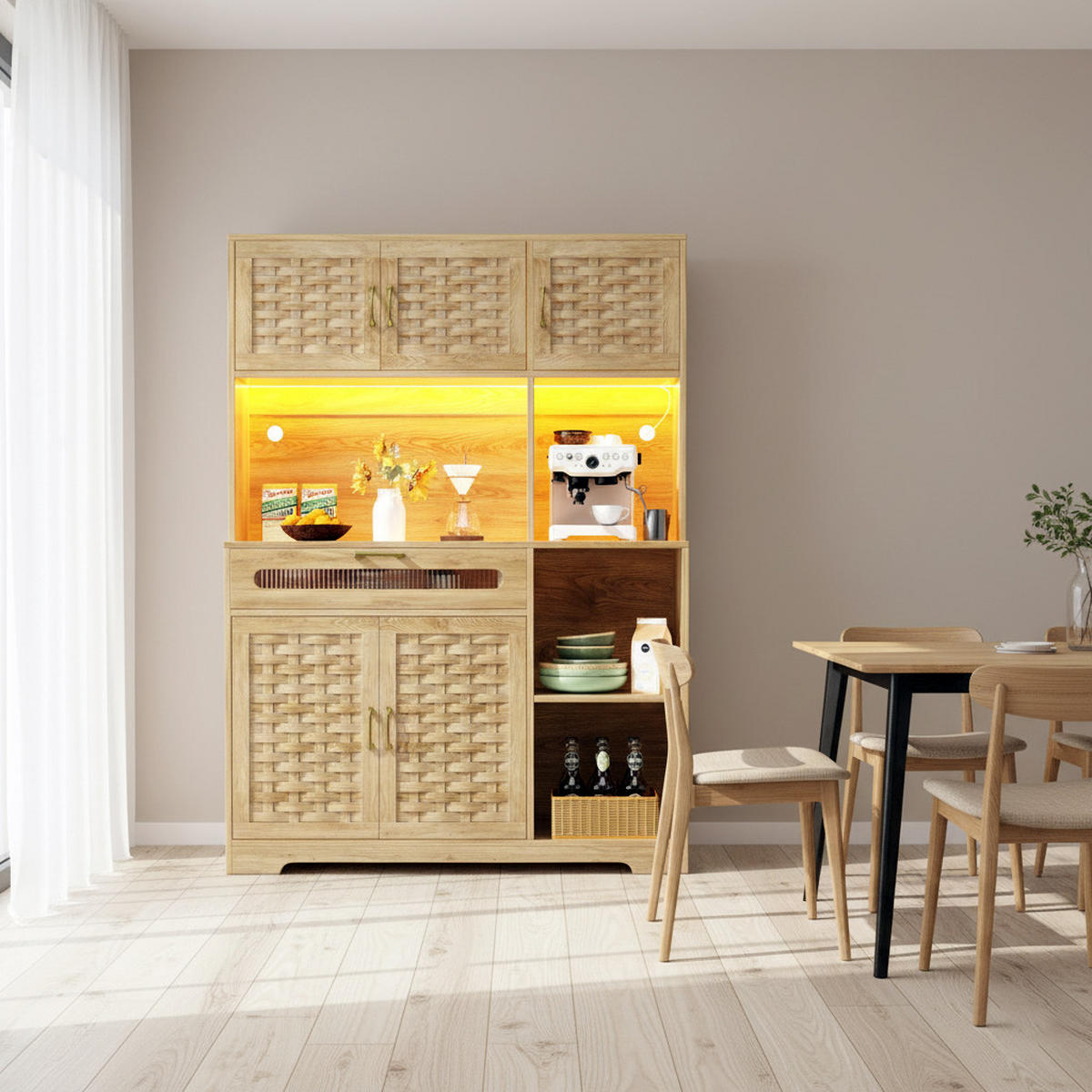 HIGHBOARD Holzoptik Natur mit LED & Geflochtenen Glastüren - Eiche San Remo, Glas/Holzwerkstoff (120/180/40cm) - Urban Meuble