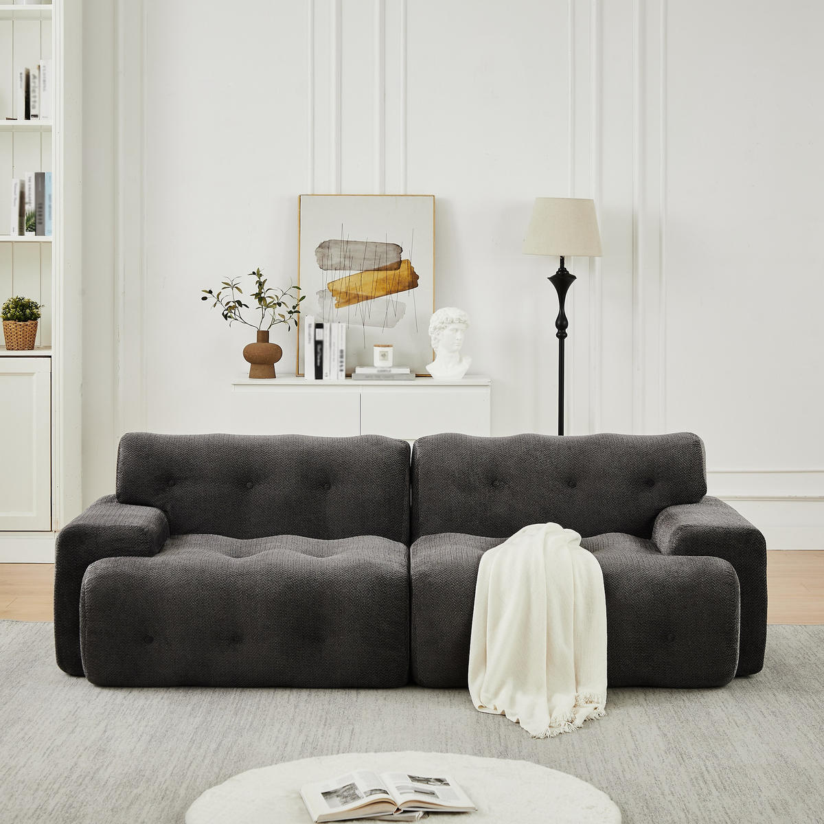 2-SITZER SOFA Chenille Grau mit Knopfverzierung und Armlehnen - Dunkelgrau, Textil (224/66/104cm) - WISHDOR