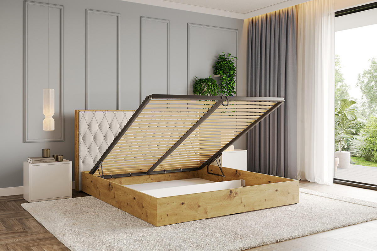 POLSTERBETT mit Bettkasten und Lattenrost, Bett mit Matratze H3/H4 - ENZO5 200x200 Beige - Beige, Holzwerkstoff/Textil (200/200cm) - ALTDECOR