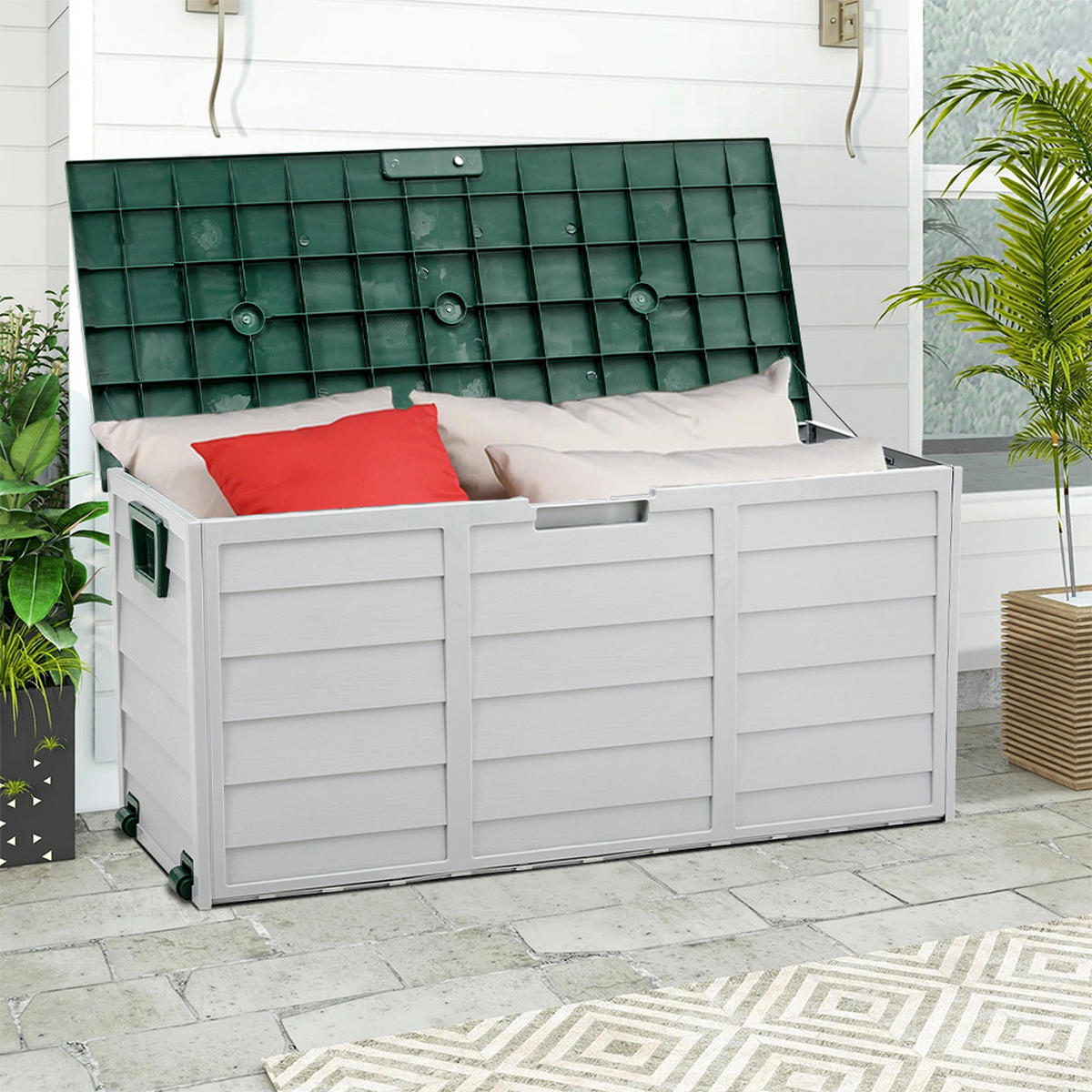 GARTENBOX 290L aus PP Kunststoff in Grün+Hellgrau mit Rollen, Modell Robuste Konstruktio 112 cm B x 49 cm T x 54 cm H - Grün, Kunststoff (112/54/49cm) - Livingandhome