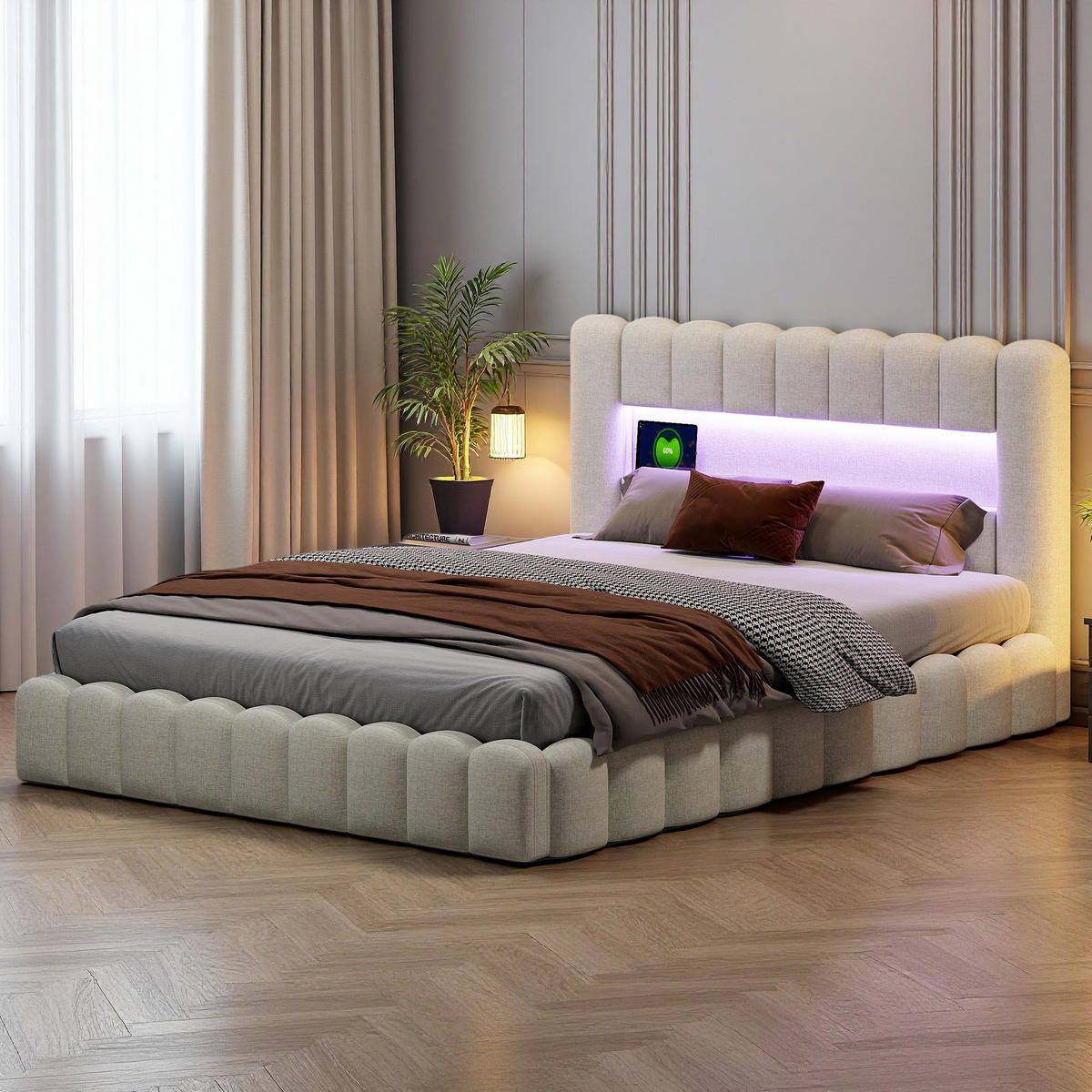 POLSTERBETT 180x200 cm Bubble Design LED USB Stauraum beige - Beige, Holz (180/200cm) - LEBENLANG