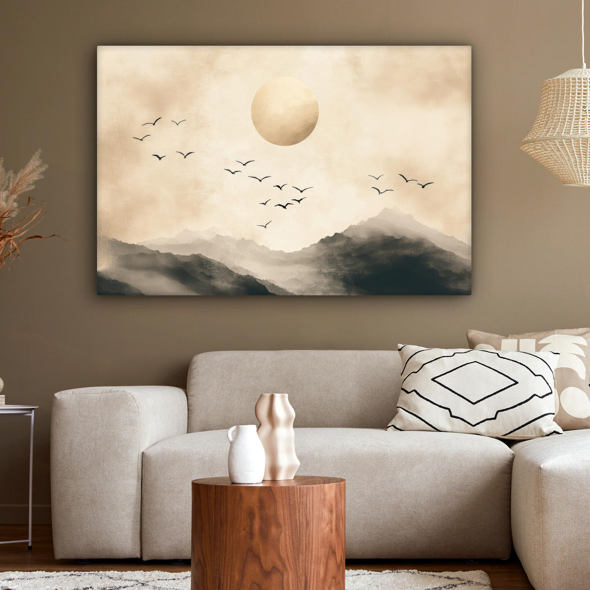 LEINWANDBILD Landschaft - Japandi - Vogel Groß 140x90 cm - Beige, Textil (140/90cm) - MuchoWow