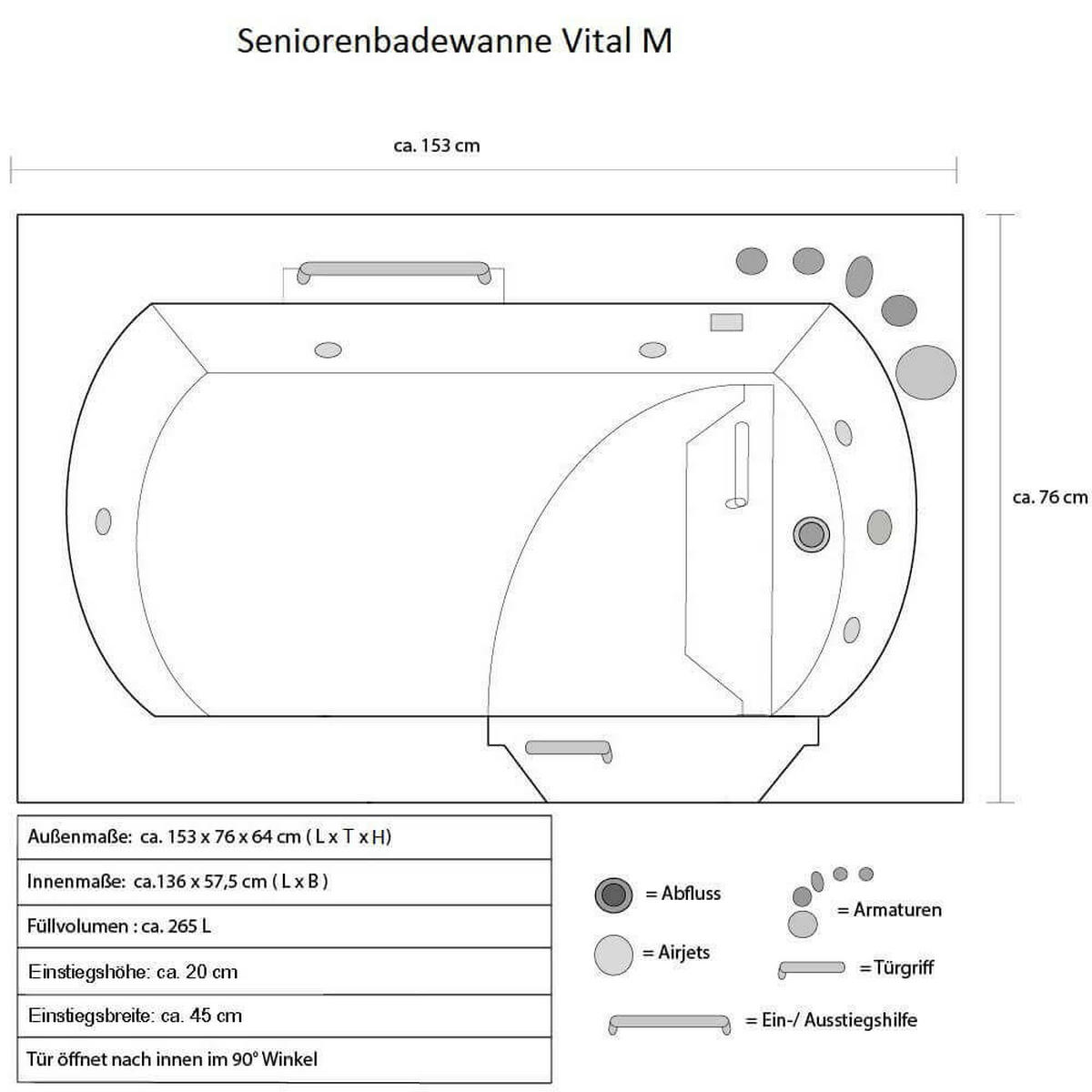 SENIORENBADEWANNE liegend mit Whirlpoolfunktion VITAL M - 153 x 76 cm Rechts - Weiß, Kunststoff (153/64/76cm) - Home Deluxe