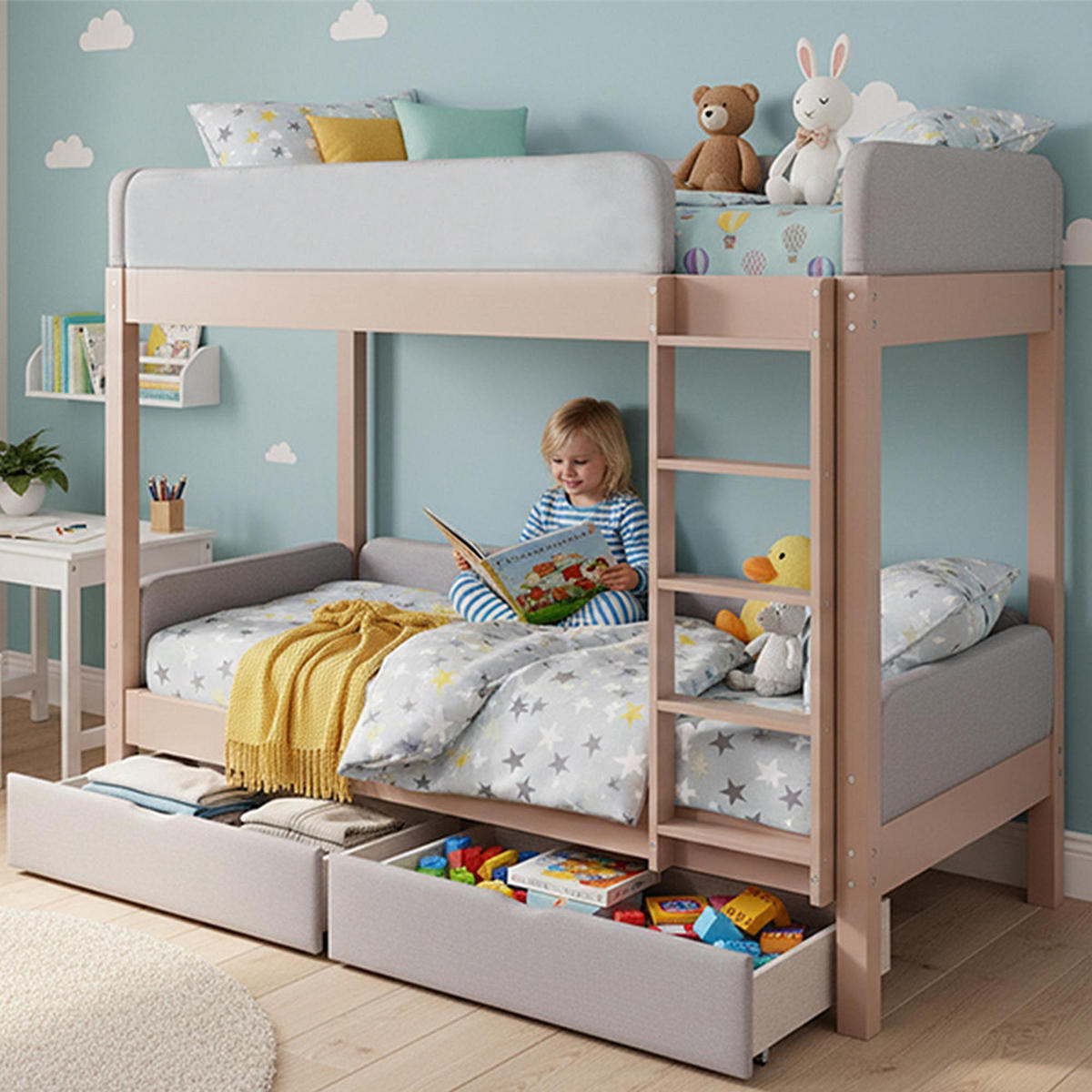 ETAGENBETT 90x200cm mit weiche Antikollisions-Schwammkante, Grau+Natur - Grau, Holz (98/216cm) - KOMHTOM