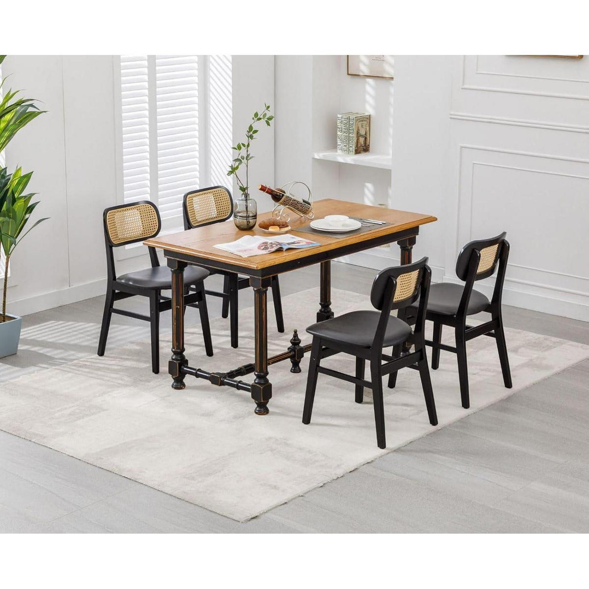 ESSZIMMERSTÜHLE 4er Set PU Leder Rattan Massivholzbeine Schwarz - Schwarz, Kunststoff (47/80/49.5cm)