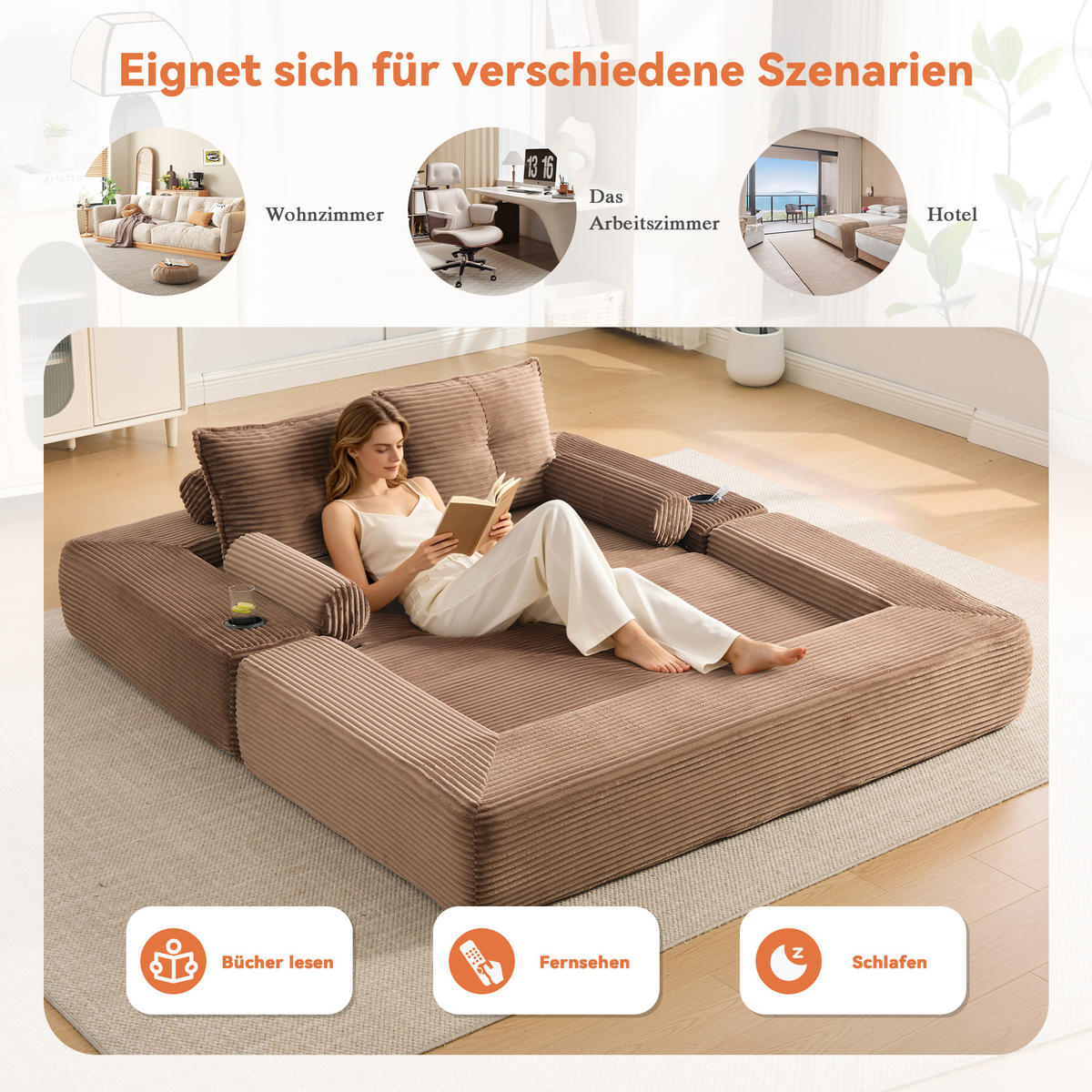 SCHLAFSOFA mit Cordbezug, Memory-Kissen, Getränkehalter und Seitentaschen - Braun, Textil (180/80/98cm) - EVRYAE