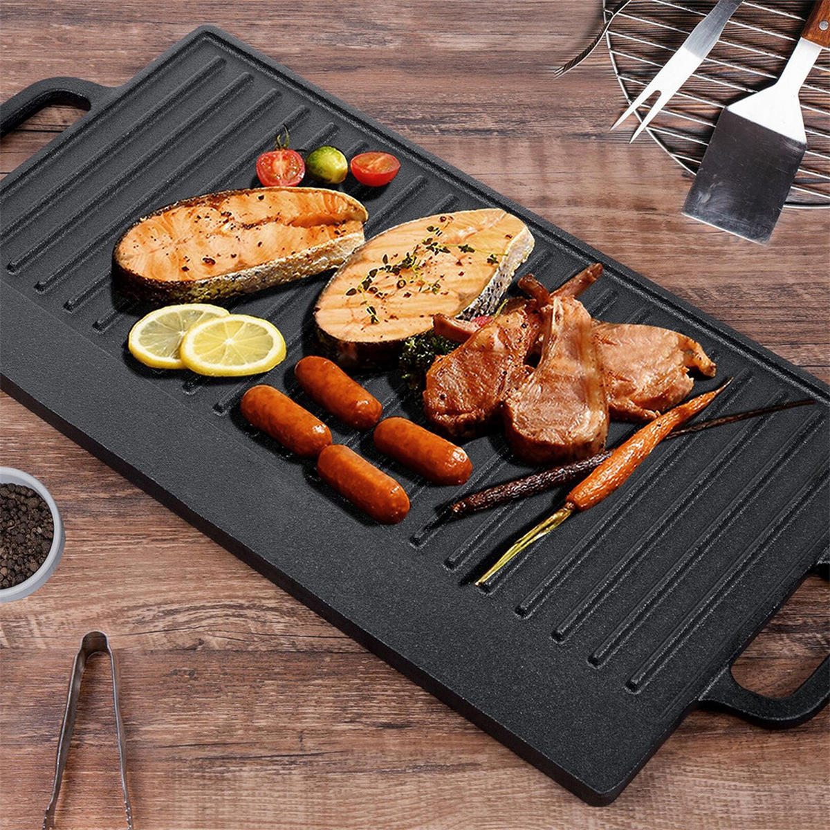 GRILLPFANNE Wendbare aus Gusseisen in Schwarz mit Antihaftbeschichtung 45 x 22 x 2 cm 3,2 kg - Schwarz, Metall (22/45/2cm) - Livingandhome