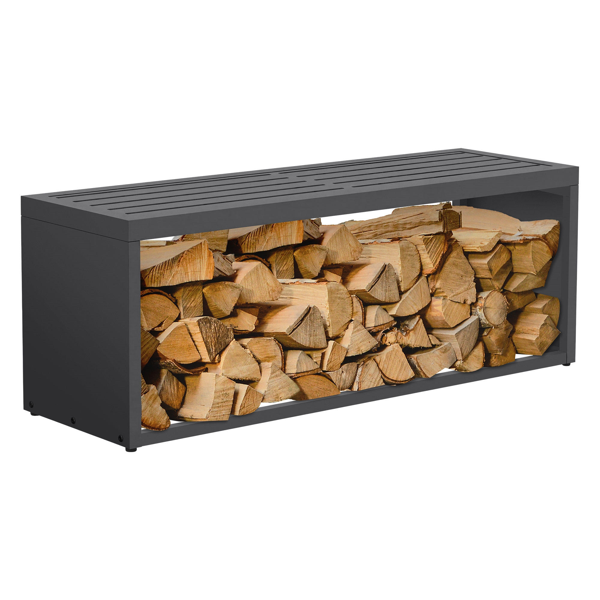 REGÁL NA DŘEVO do interiéru i exteriéru s lavičkou, kovový regál na palivové dřevo, antracitová barva, 120 x 38 x 43 cm, pozinkovaná ocel - antracitová, kov (120/43/38cm) - ML-DESIGN