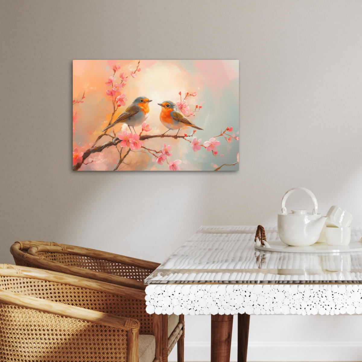 LEINWANDBILD Rotkehlchen - Zierpflanze - Blütenzweig Gemälde 60x40 cm - Hellrosa, Textil (60/40cm) - MuchoWow