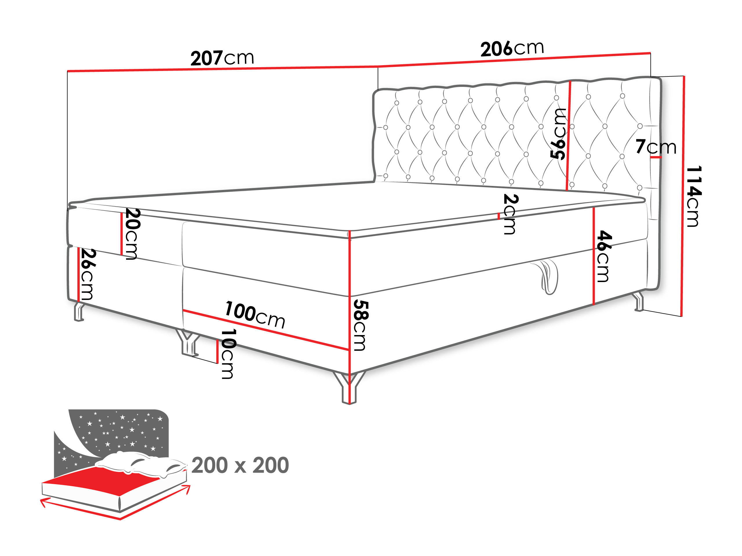 Thumbnail - Mirjan24 Boxbett, Schwarz, Textil, Kiefer, H3, Rechteckig, 200x200 cm, Schlafzimmer, Betten, Boxspringbetten