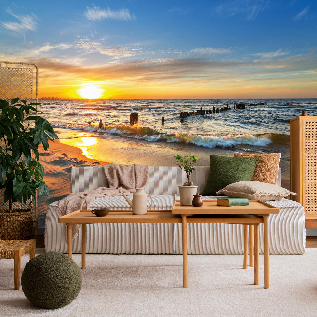 FOTOTAPETE Sonnenuntergang Strand Meer Landschaft 3D 500x350 cm - Blau/Gelb, Papier (500/350cm) - Muralo