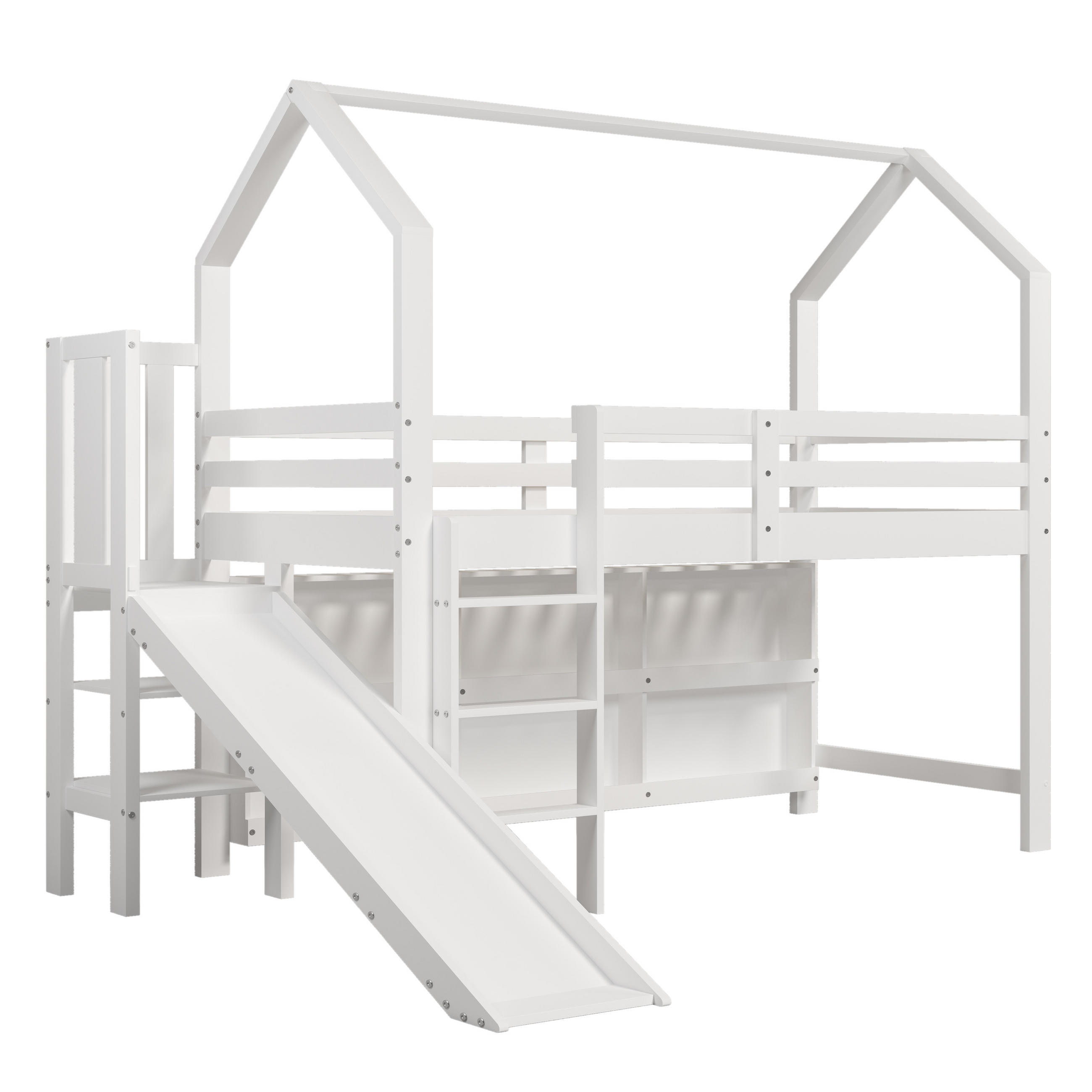 SPIELBETT 90/200 cm DE-03083, mit Rutsche, Treppe, Schließfach und Regal, in Weiß - Weiß, Holz/Holzwerkstoff (90/200cm) - ComfortXL