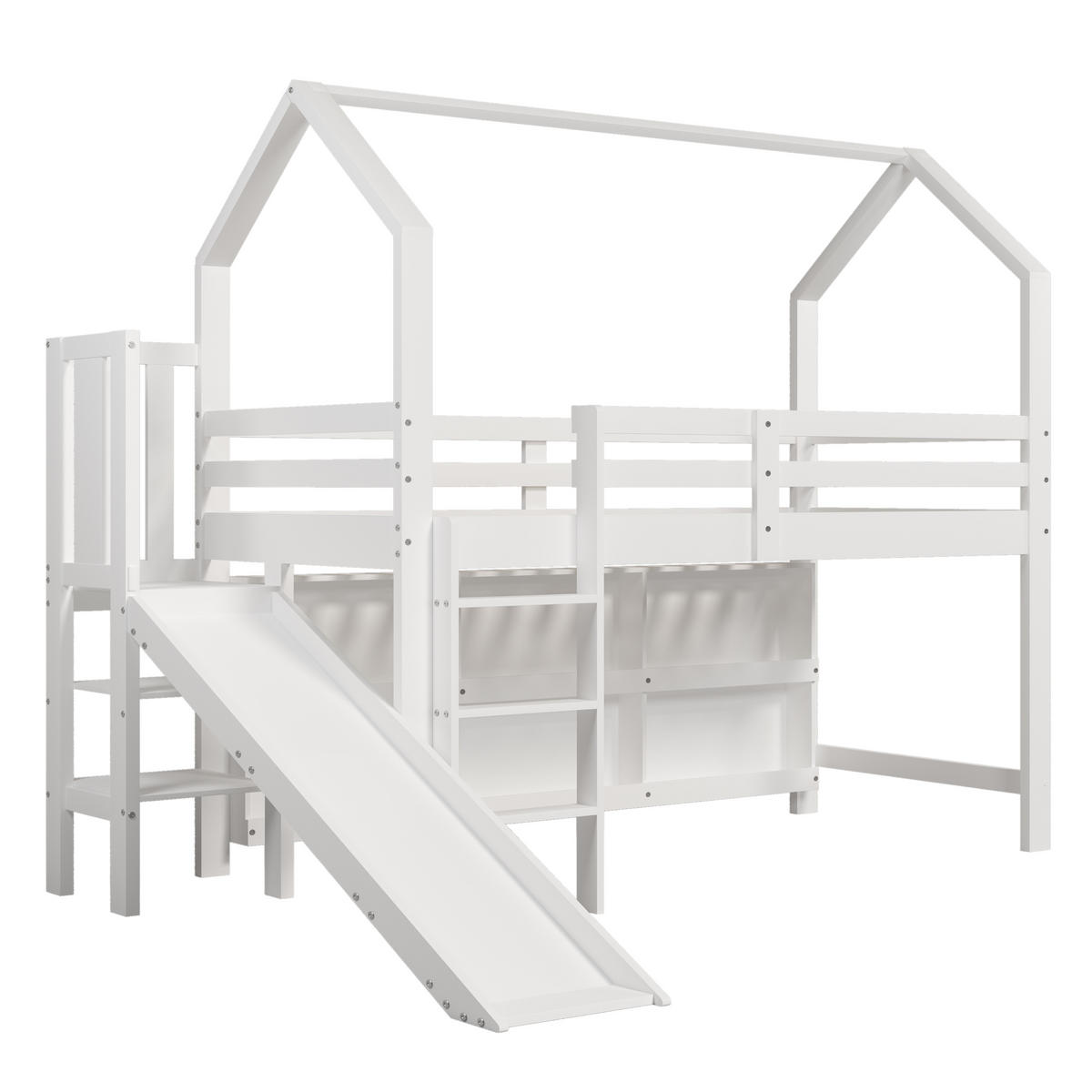 KINDEREINZELBETTEN aus Massivholz und MDF 90x200 cm in Weiß mit Rutsche & Stauraum - Weiß, Holzwerkstoff (90/200cm) - Modfu