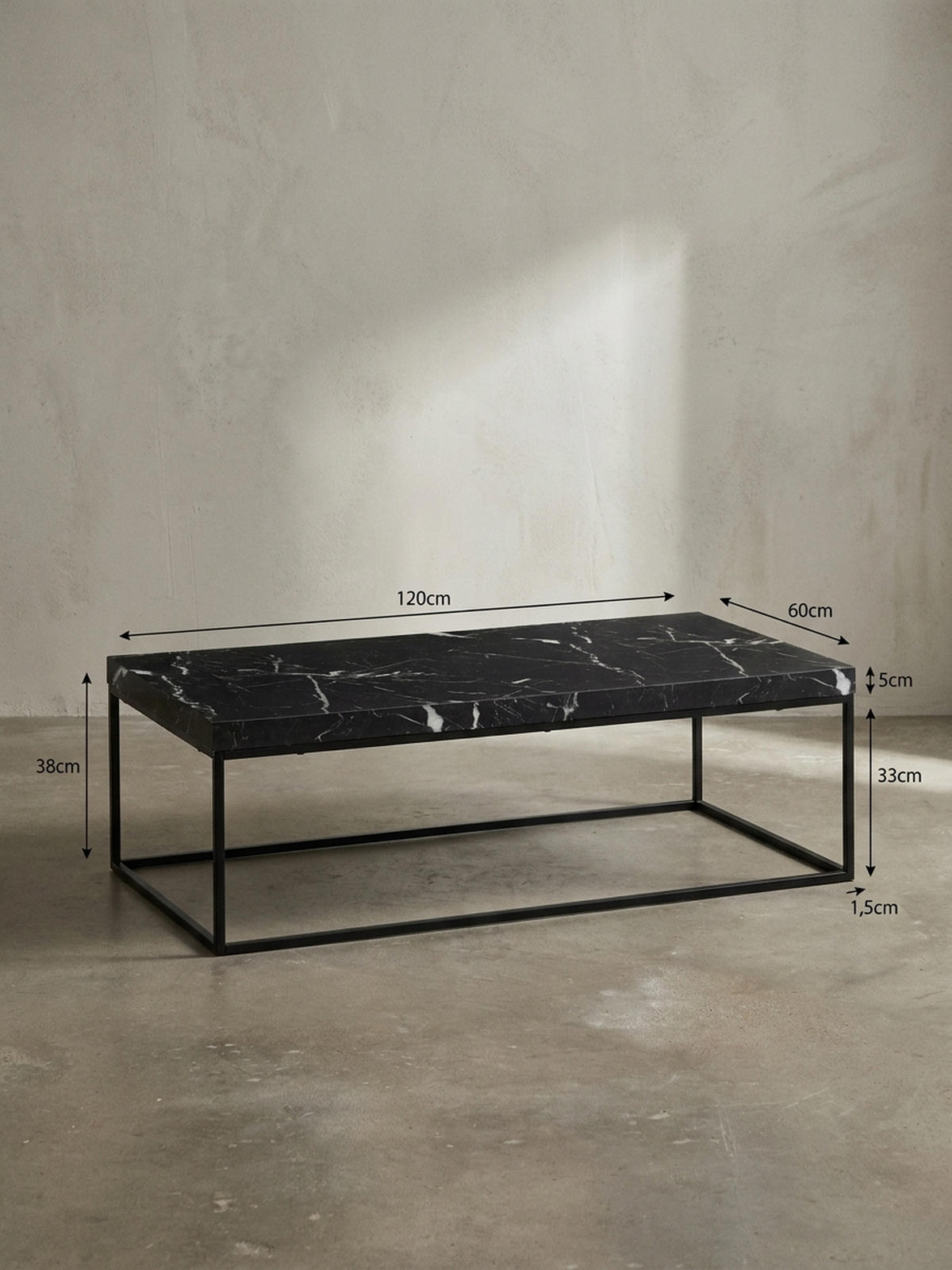 COUCHTISCH in Stein-Optik mit Metallbeinen, Modernes Design, Rechteckig, Groß, Schwarz 120x60x38 cm - Schwarz, Holzwerkstoff/Metall (60/120/38cm) - KADIMA DESIGN