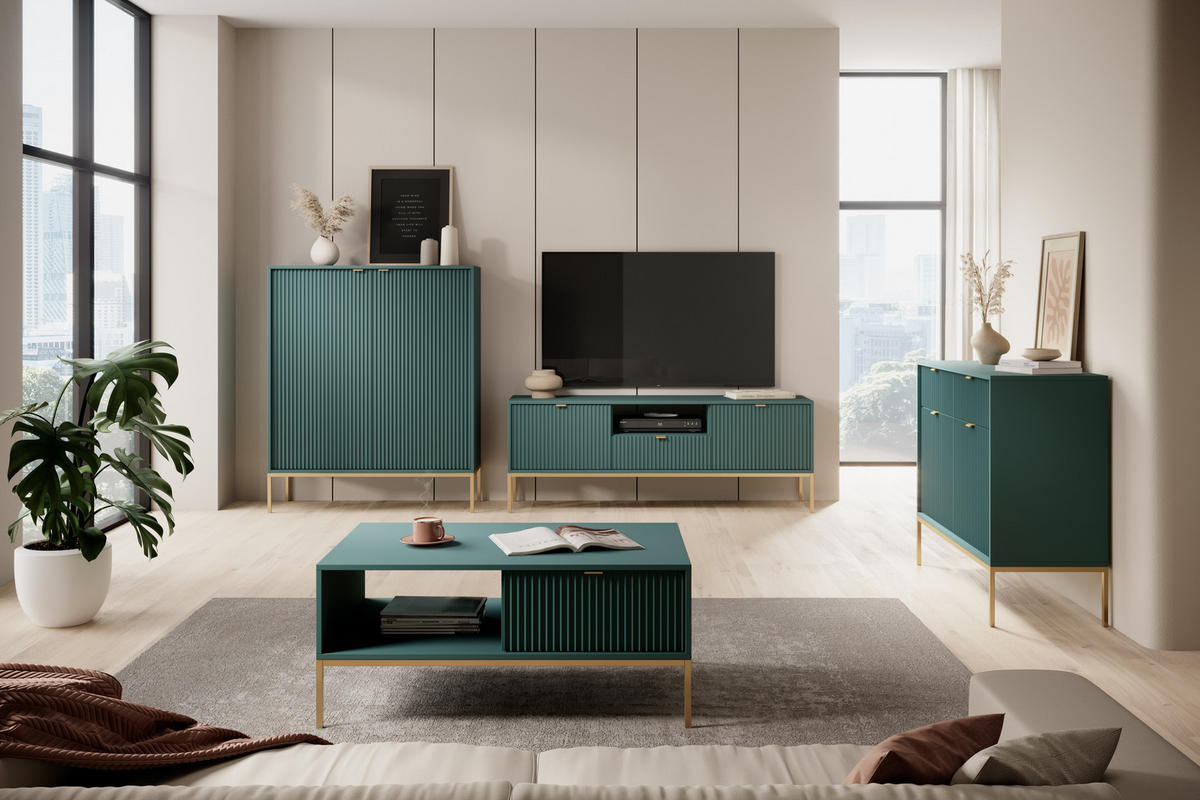 NACHTTISCH Nova - NOC, Geriffelte Front mit Goldenes Griffdesign 54x39x56 cm Lablador - Türkis/Goldfarben, Holzwerkstoff/Kunststoff (54/56/39cm) - DomoHome
