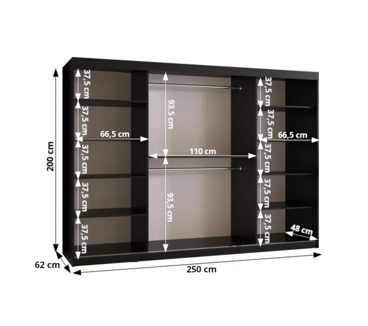 SCHWEBETÜRENSCHRANK 200/250/62 3-türig - Schwarz, Holz (250/200/62cm) - Abiks Möbel
