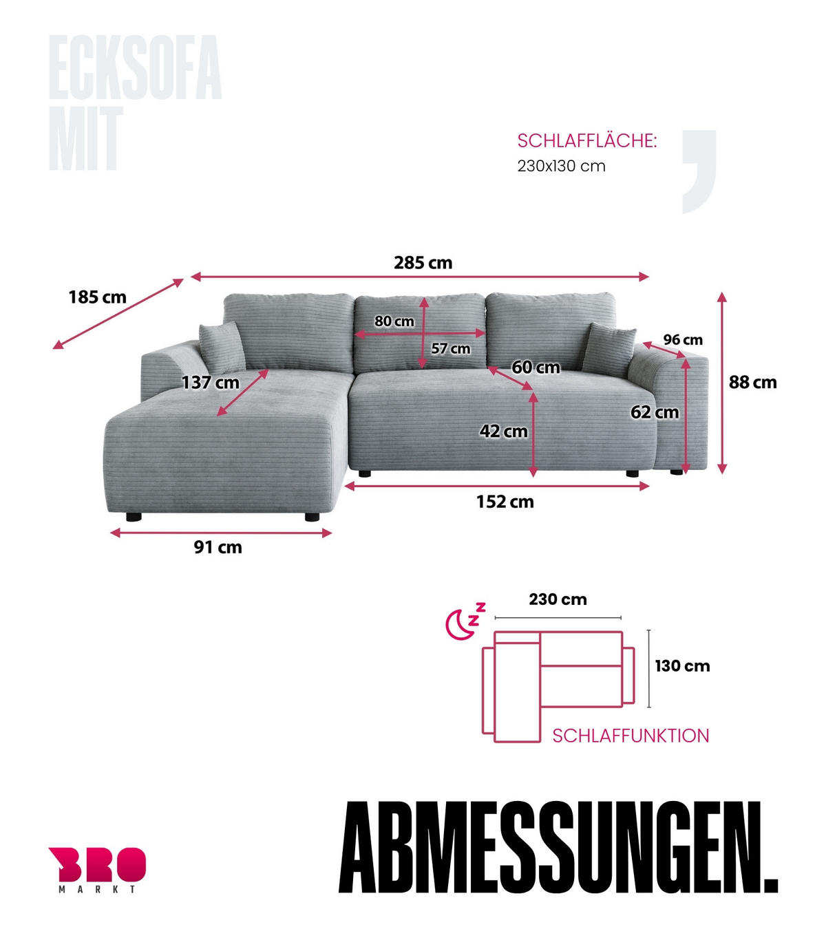 ECKSOFA Romeo mit Schlaffunktion Hellgrau - Hellgrau, Textil (285/185cm) - Bromarkt