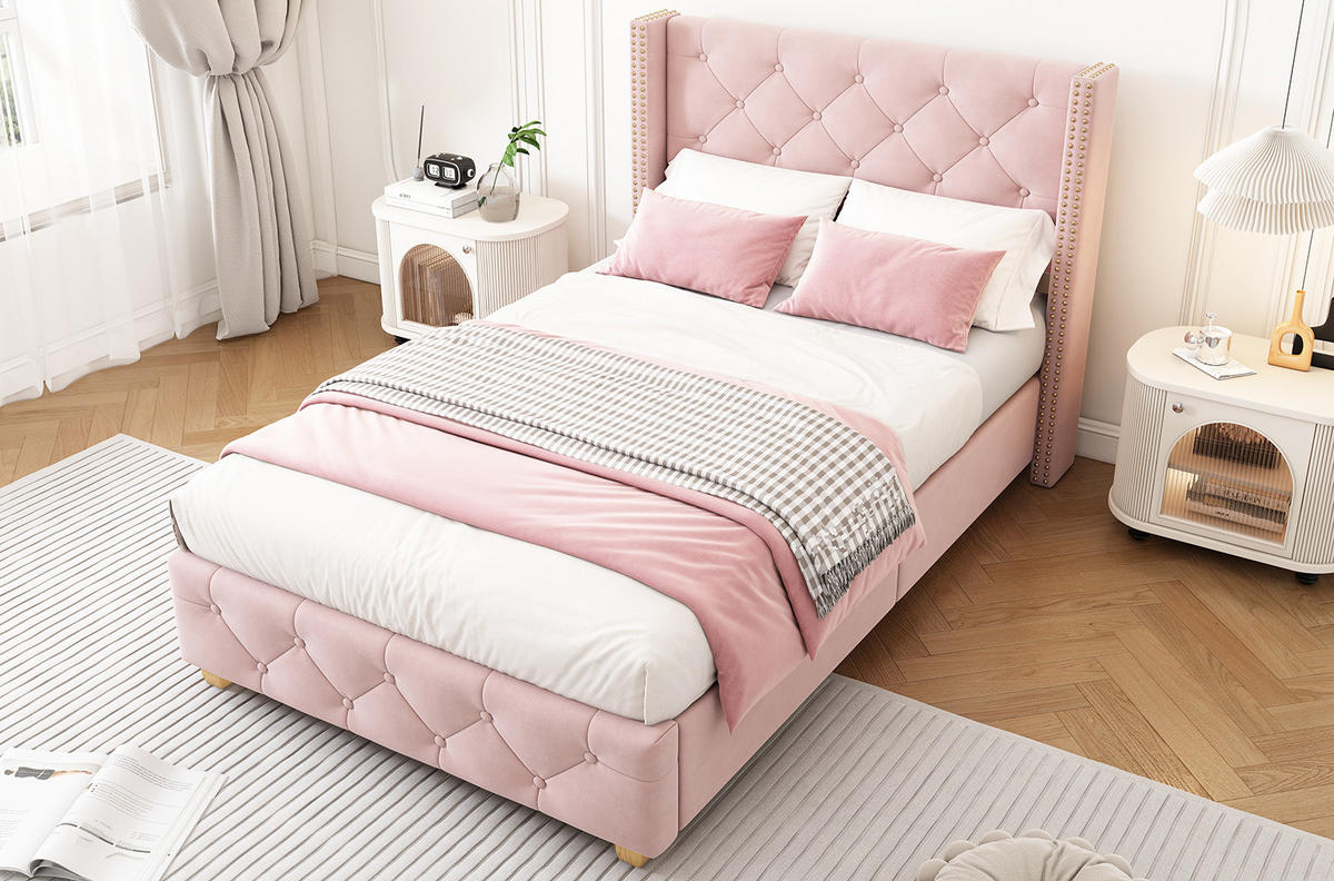SAMT-POLSTERBETT 90/200 cm in Rosa mit Lattenrost und gepolstertem Kopfteil - Rosa, Textil (90/200cm) - BEAOK