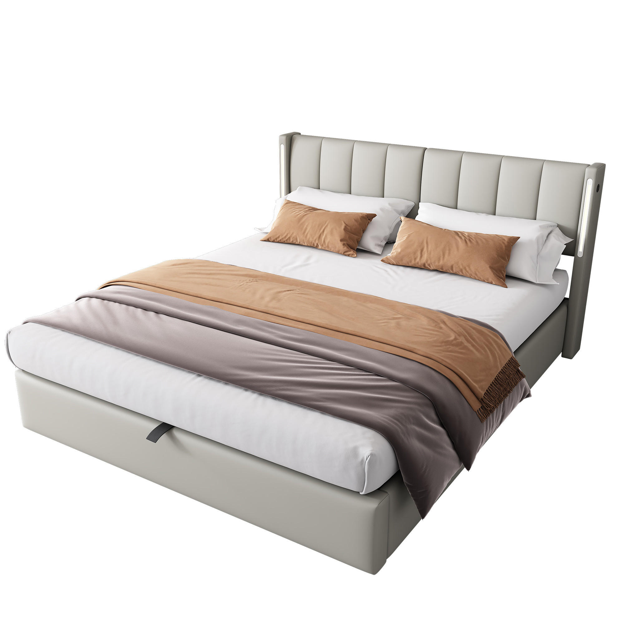 ČALOUNĚNÁ postel 140/190 cm z PU v bílé barvě, s LED osvětlením, USB a úložným prostorem - šedá, plast (140/190cm) - BEAOK