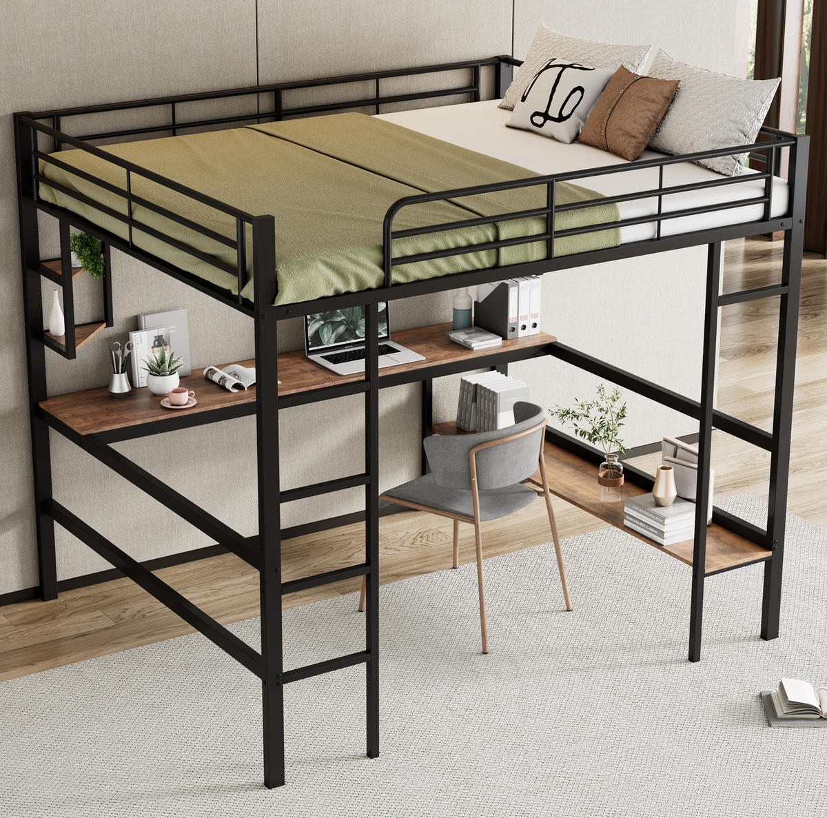 HOCHBETT 140/200 cm Schwarz aus Metall und MDF mit Schreibtisch und Regalen - Schwarz, Metall (140/200cm) - OKMYHOME
