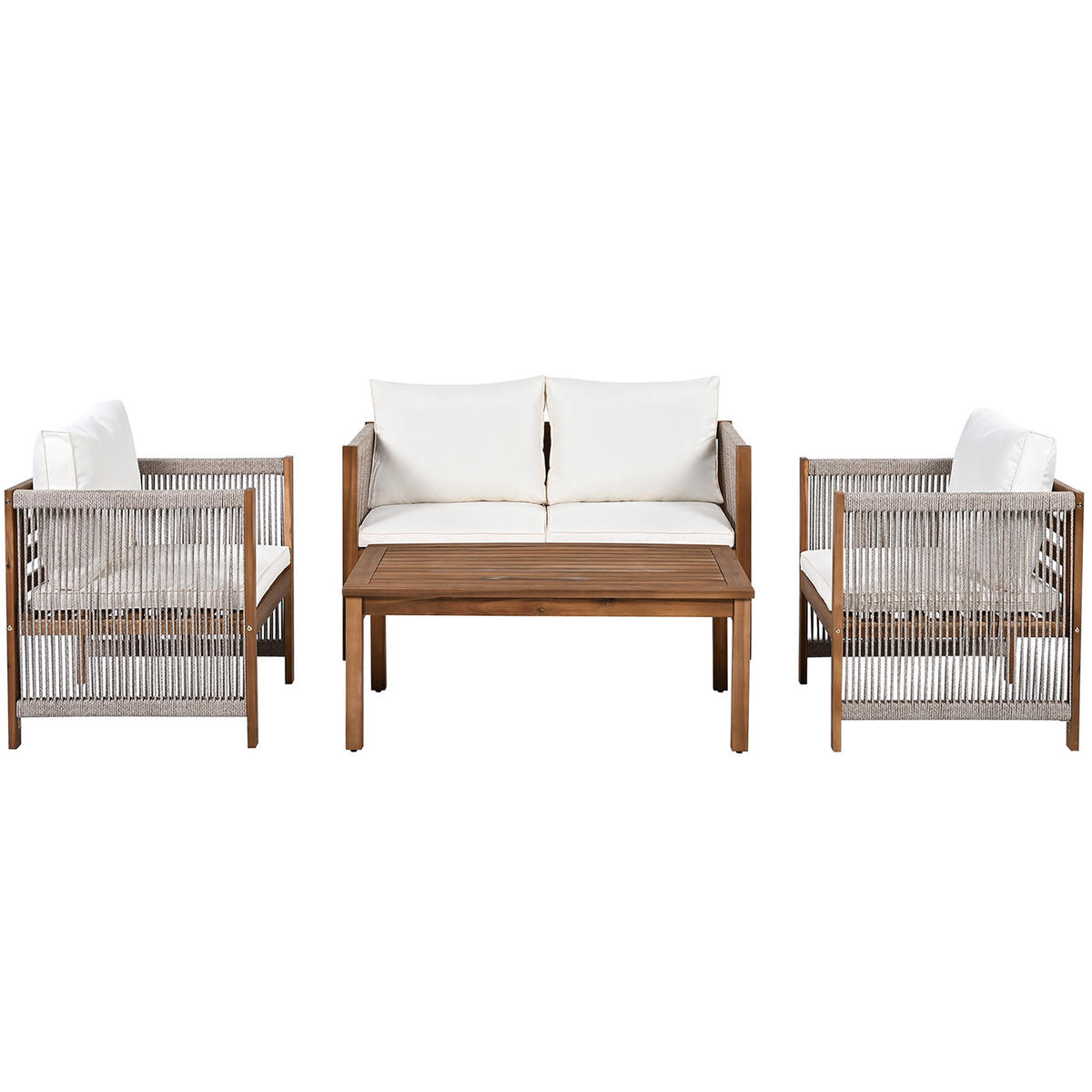 LOUNGESET Beige Akazie Rattanoptik Doppelsofa 2 Sessel Tisch - Beige, Textil - FLIEKS