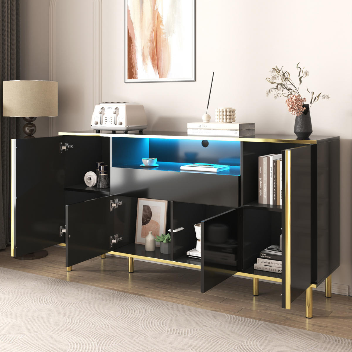 SIDEBOARD in Schwarz Kommode mit Schublade und Stauraum für Wohnzimmer und Schlafzimmer, B150/T40/H80cm - Goldfarben/Schwarz, Holzwerkstoff/Metall (150/80/40cm) - STILVORA