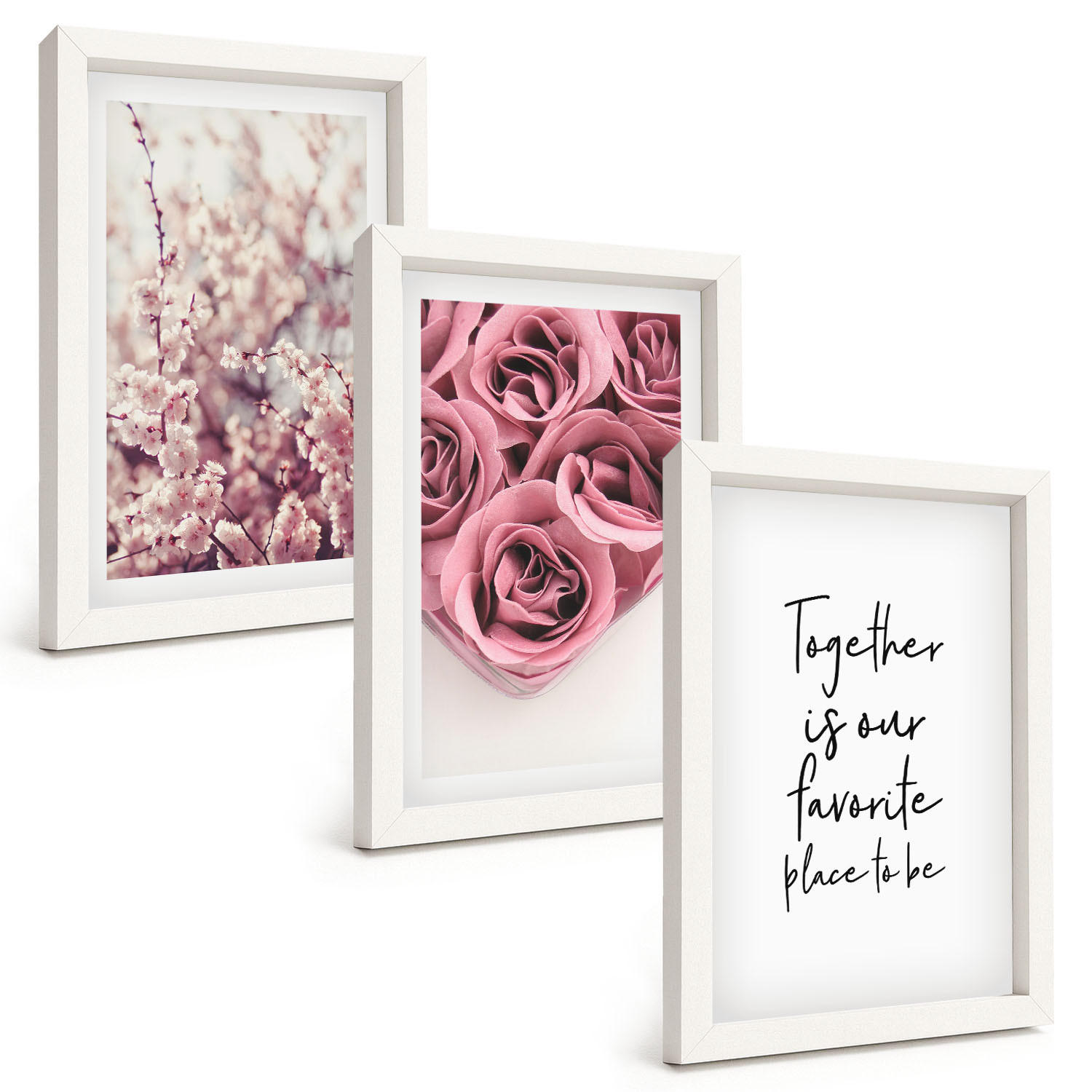 BILDER SET 3er Set - 20x30 cm Weißer Rahmen - Blumensträuße aus Rosen mit einer Inschrift - Weiß, Kunststoff (20/30cm) - TULUP