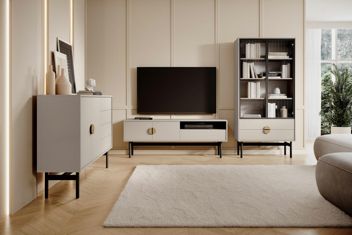 TV-SCHRANK Stoon Grau-Beige mit Schublade 154 cm - Greige/Goldfarben, Holzwerkstoff/Metall (154/57/38cm) - Selsey