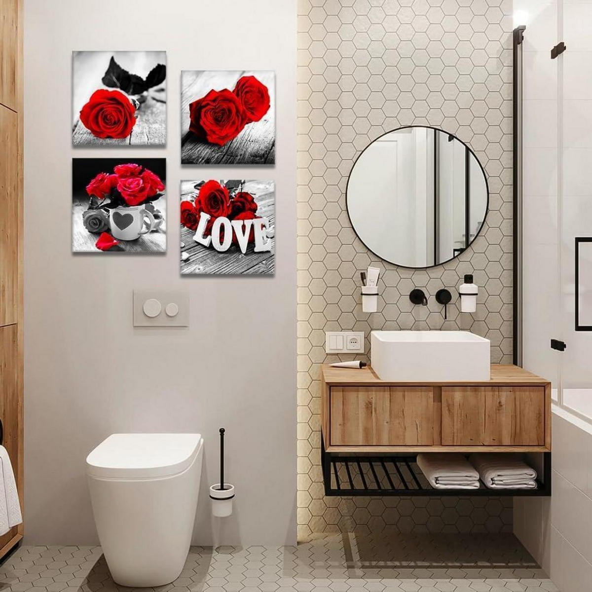 LEINWANDBILD 4-teiliges Set Romantische rote Rose 30 x 30 cm - Rot, Textil (30/1.2cm)