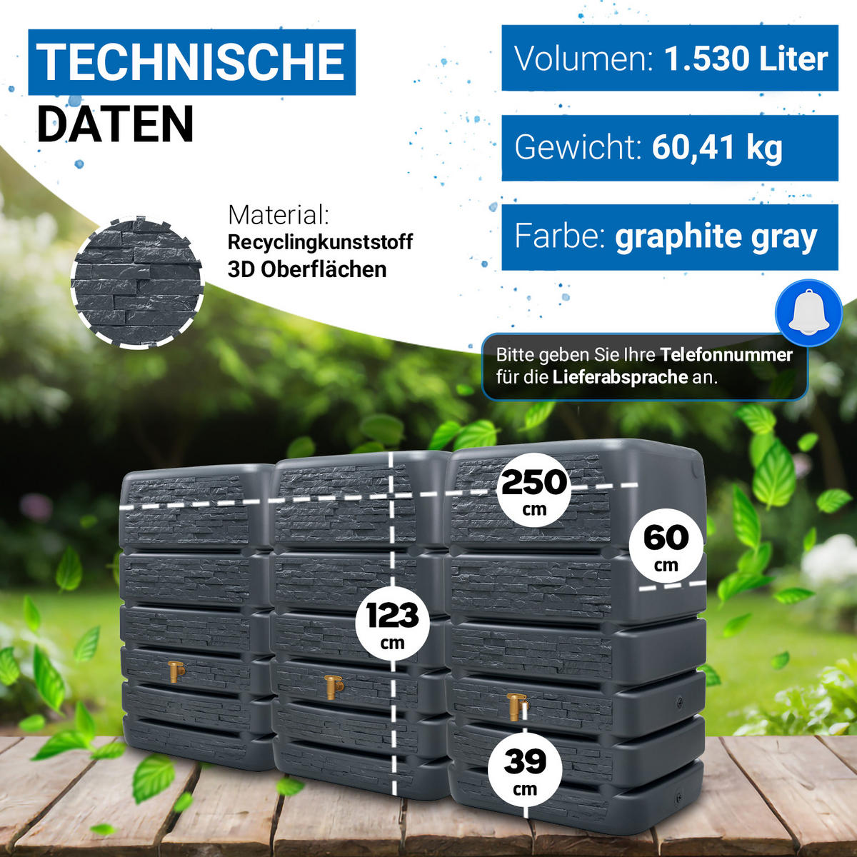 MAUERTANK-SET 1530 L graphite grey 3 x 510 L inkl. Verbindungsset - Grau, Kunststoff (260/123/60cm) - 4rain