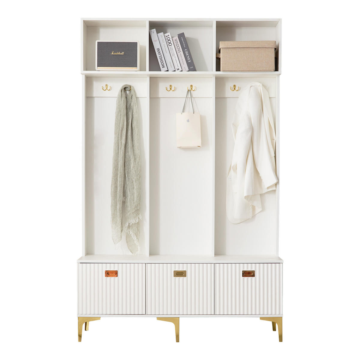 GARDEROBE mit Sitzbank, Spanplatte mit goldfarbenen Details, 120/23,5/191,5 cm, Weiß - Weiß, Holzwerkstoff (40/191/120cm) - Redom