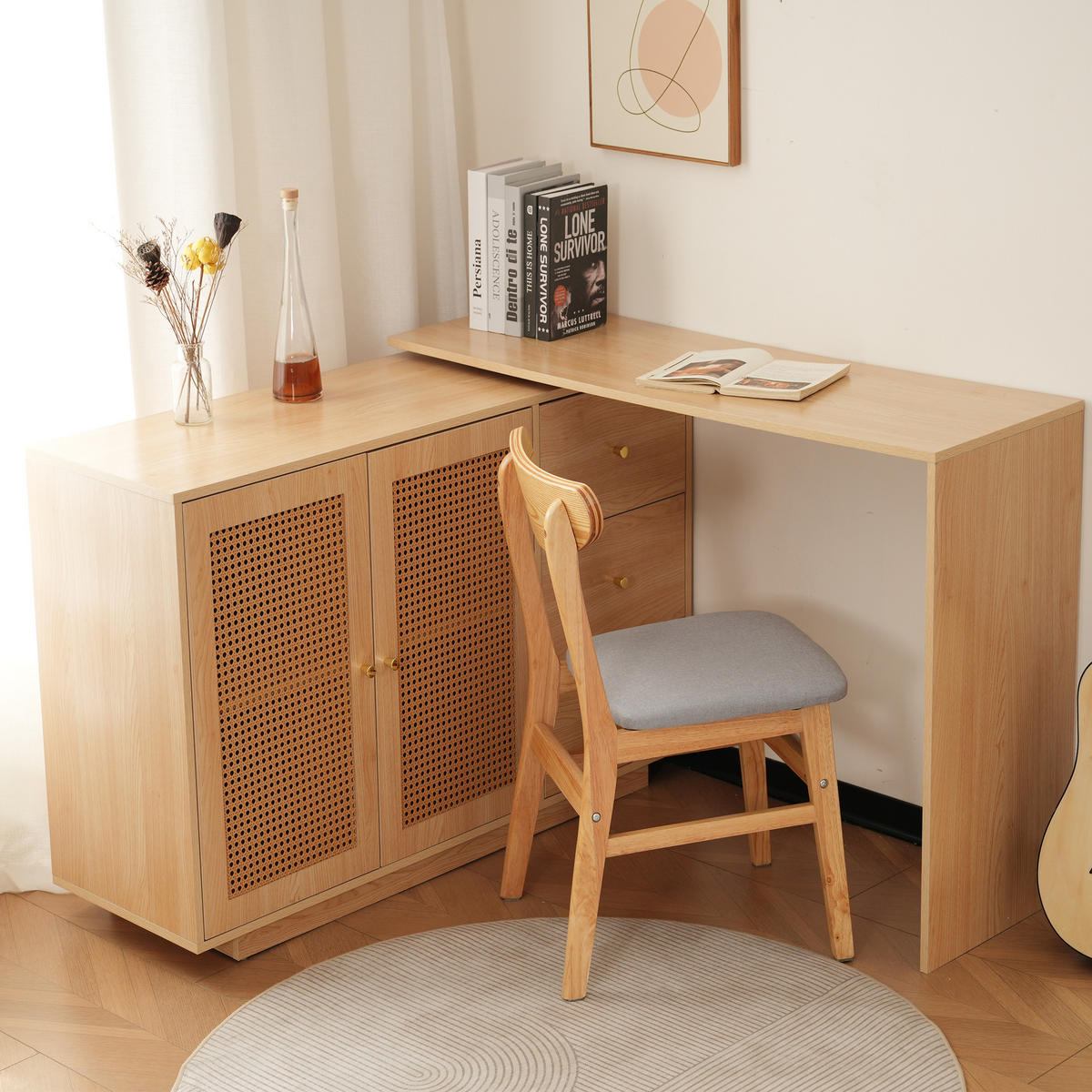 SCHREIBTISCH in Naturfarben L-förmig Eck-Computertisch mit Rattantüren Frisiertisch Büro Homeoffice B126/T40/H75cm - Naturfarben, Holzwerkstoff (40/126/75cm) - STILVORA