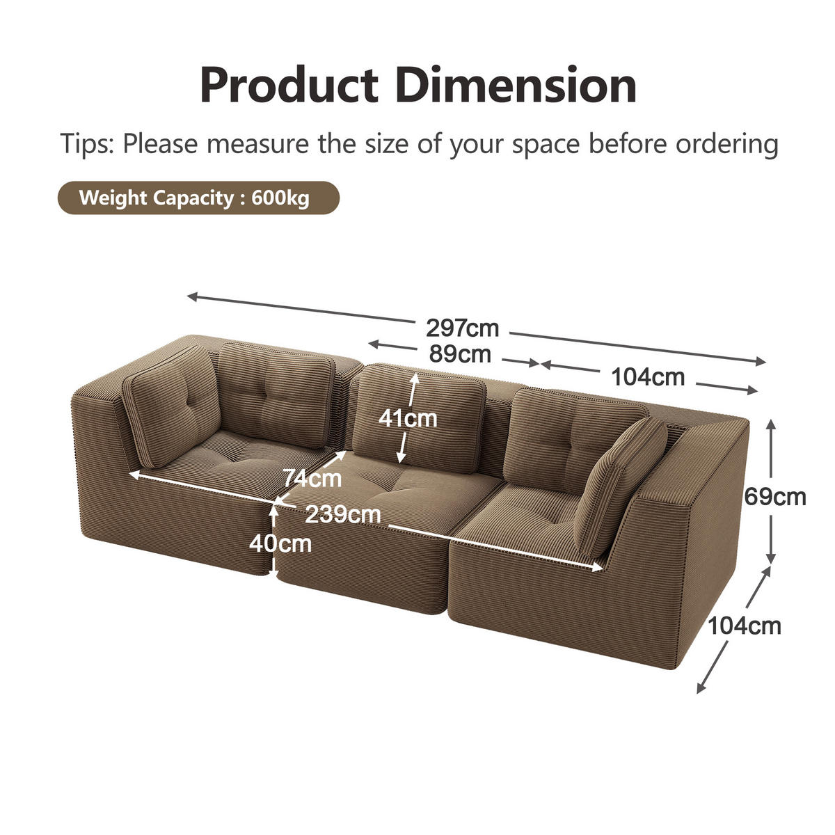 3-SITZER Sofa 297×104×69 cm Cordstoff rahmenlos modular, braun - Braun, Textil (104/69/297cm)