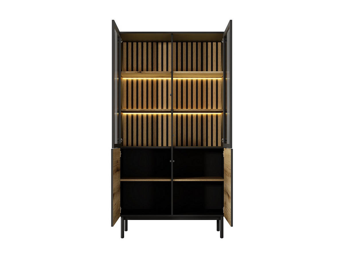 VITRINENSCHRANK mit 4 Türen - Mit LED-Beleuchtung - Holzfarben & Schwarz - LABENIA - Schwarz, Holz (100.1/188.4/39.4cm) - Vente-Unique