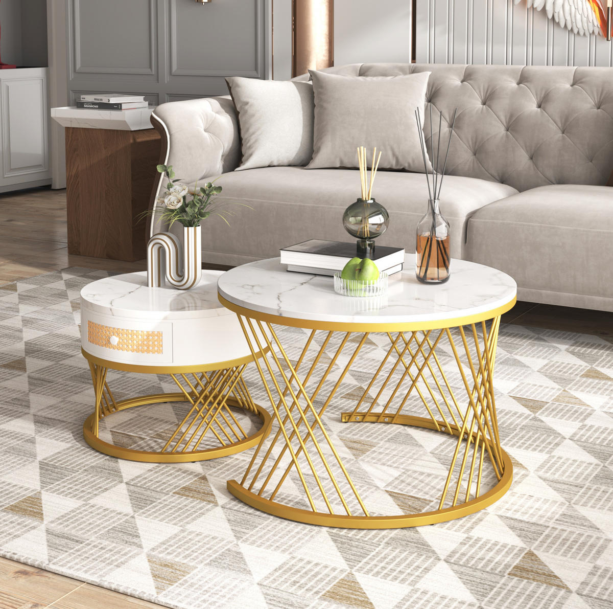 COUCHTISCH-SET aus MDF und Metall 70x70x45,5 cm Weiß/Gold mit Schublade - Weiß, Holzwerkstoff (70/70/45.5cm) - IVMEU