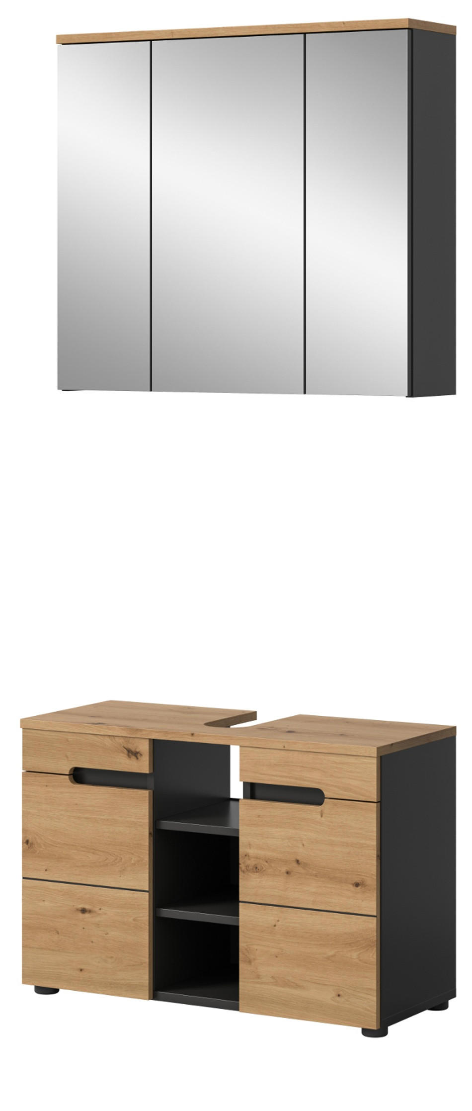 BADMÖBEL-SET Eiche, grau 2-teilig 80 cm, Komplettset mit Soft-Close - Schwarz/Eiche Artisan, Glas/Holzwerkstoff (80/193/34cm) - Inn.Furn