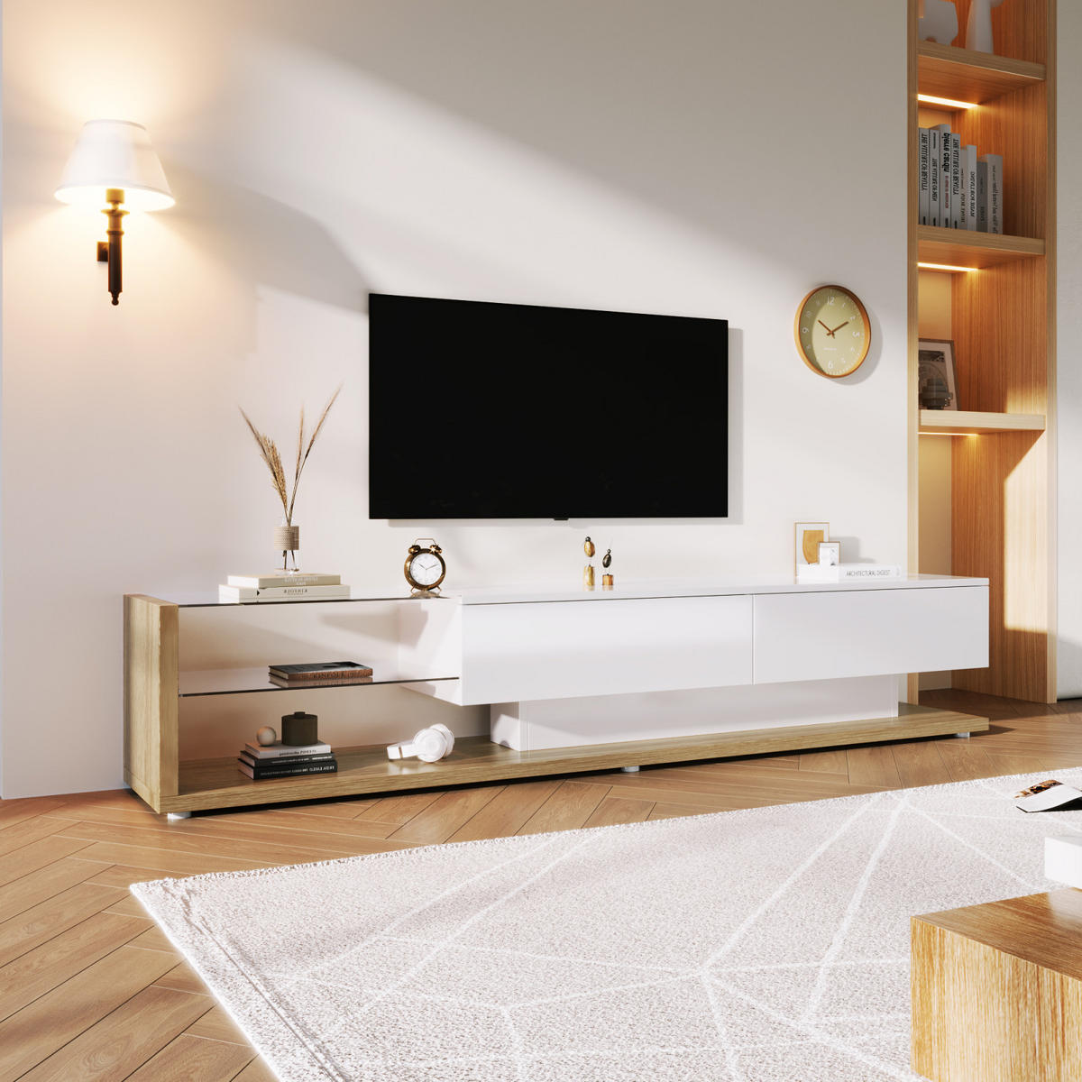 TV Lowboard LED, Glasregale, Schubladen, Weiß - Weiß, Holz (170/38/36cm)