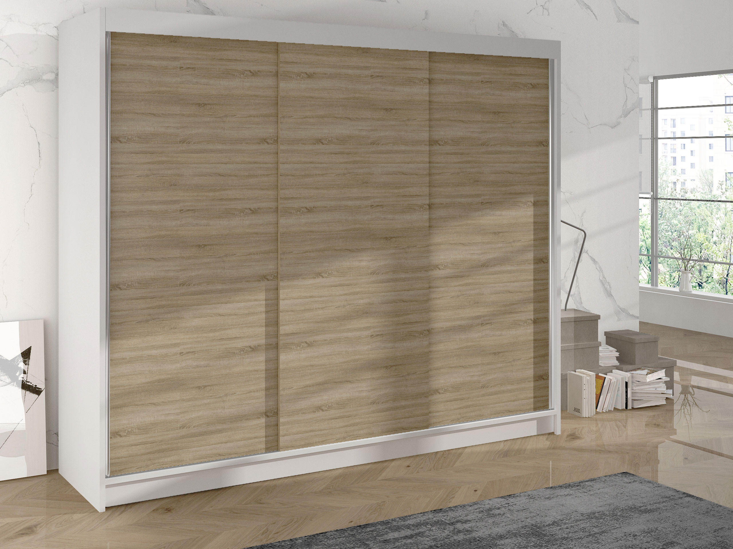 SCHWEBETÜRENSCHRANK Derby II - Beige, Holzwerkstoff/Metall (200/215/58cm) - MIRJAN24
